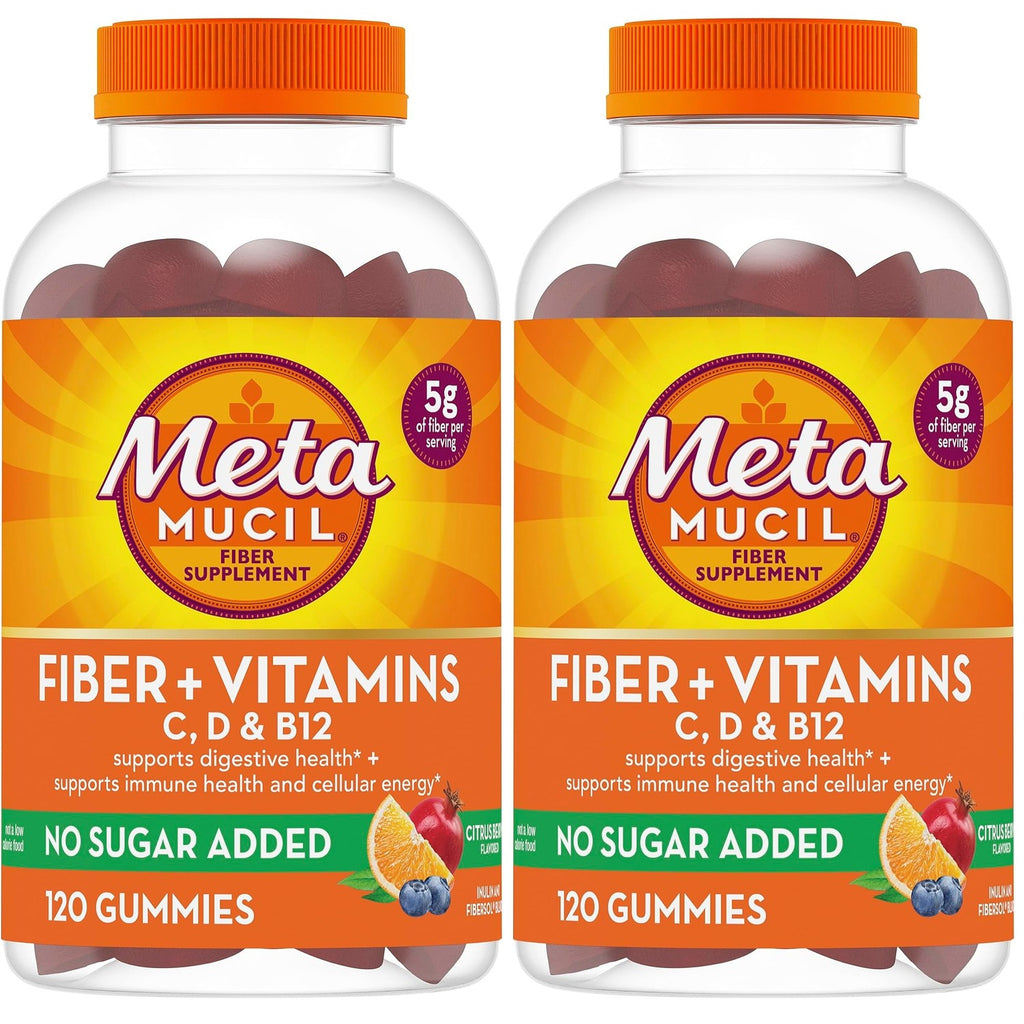 Metamucil Fiber Gummies for Adults with Vitamins C, D, B12 for Metabolism, No Sugar Added Citrus Berry Flavor, 5g Plant Based Prebiotic Fiber Supplement Blend, 120 Count