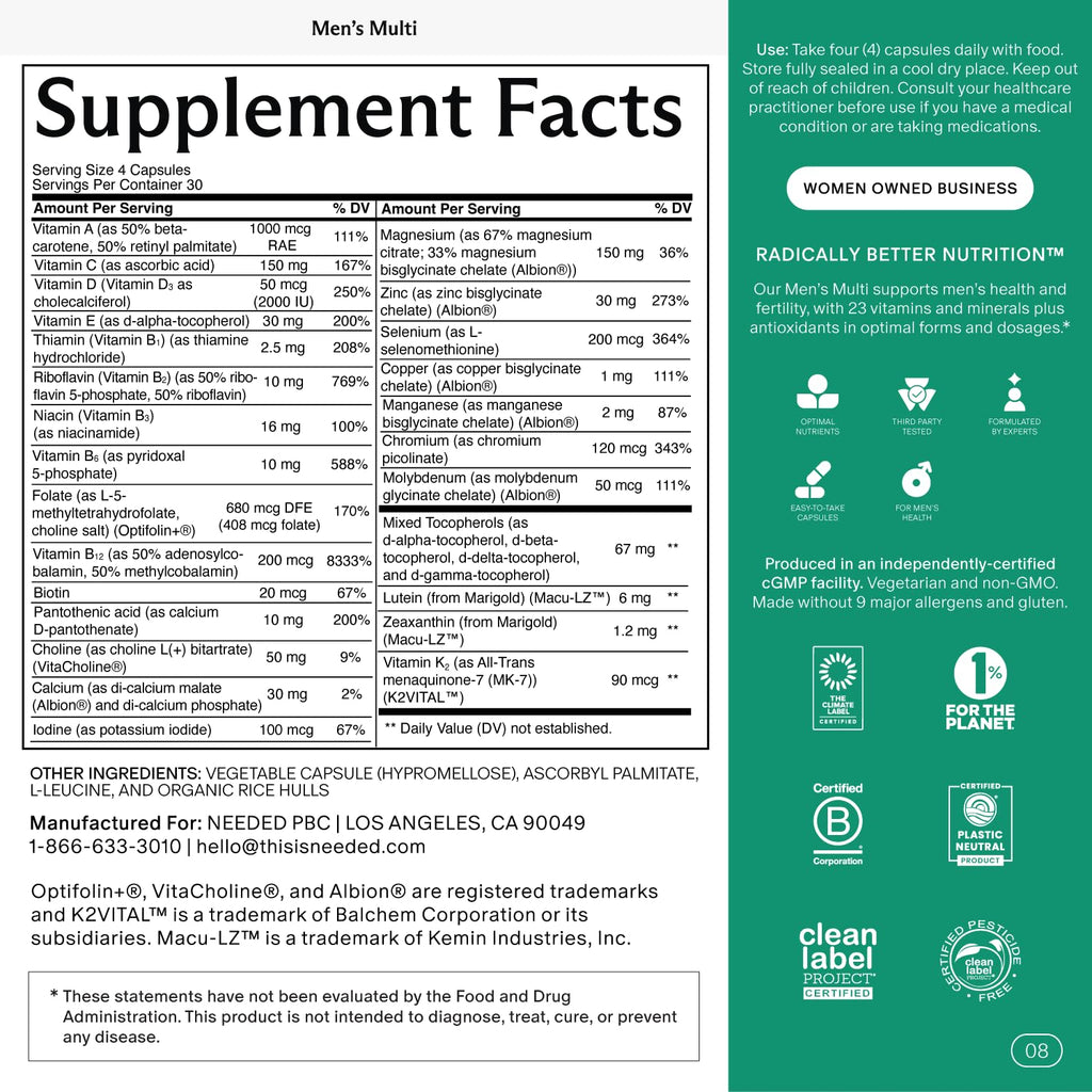 Needed. Multivitamin for Men, Men's Fertility Supplement, 30 Day Supply