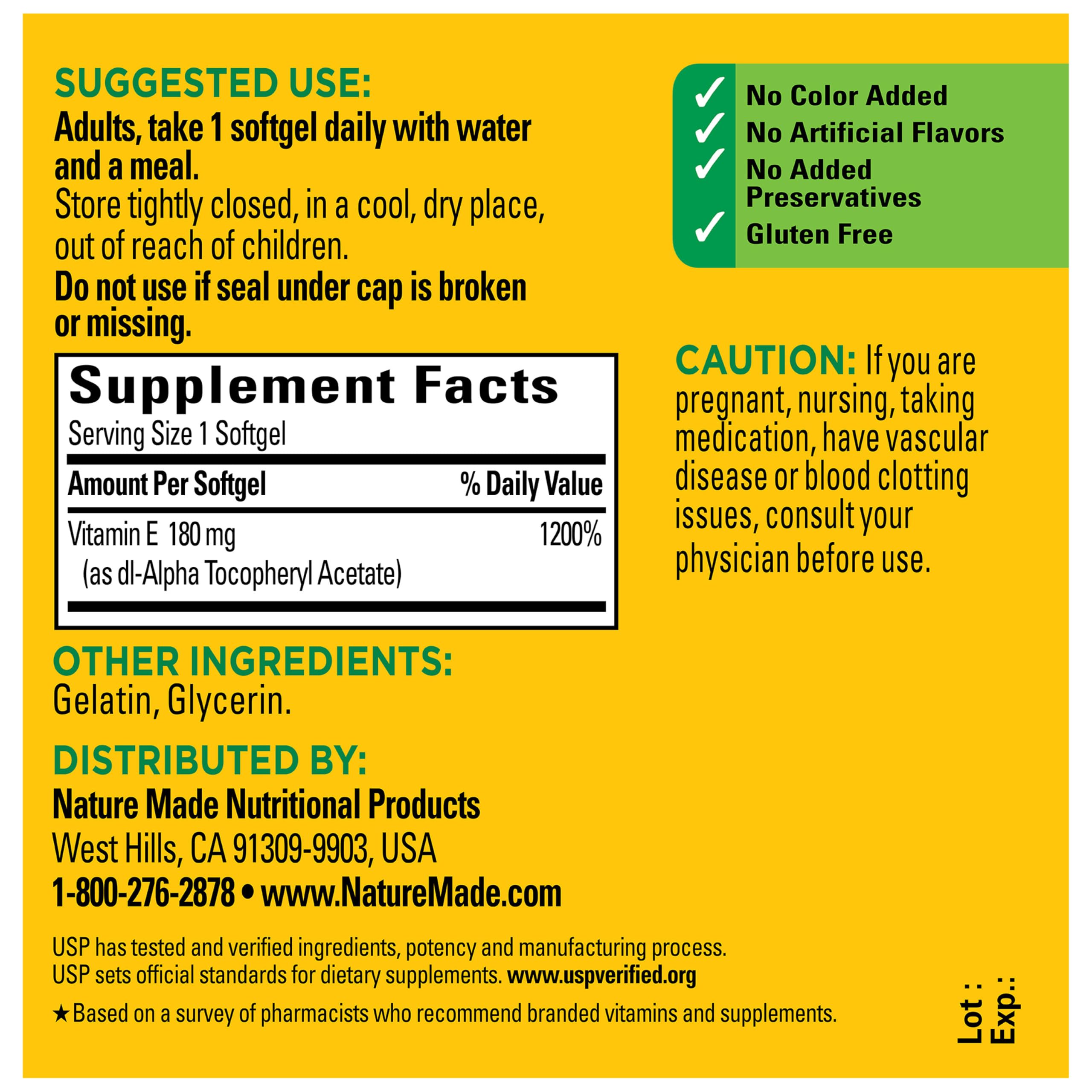 Nature Made Vitamin E 180 mg (400 IU) dl-Alpha, 100 Softgels | Dietary Supplement for Antioxidant and Skin Support, Vitamin E Supports a Healthy Immune System, 100 Day Supply