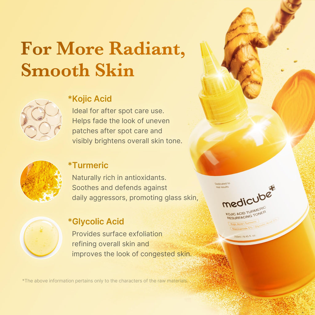 medicube Kojic Acid Turmeric Smoothing Toner for Face & Body | Lightweight Toner for Balancing Uneven Skin Tone & Texture - Niacinamide, Glycolic Acid for Clear Glass Skin, 8.45 fl.oz