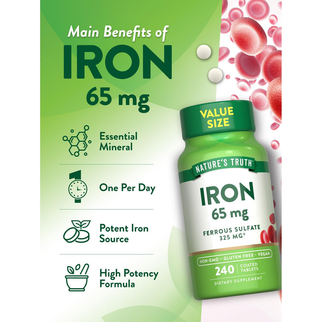 Nature's Truth Iron Tablets | 65mg | 240 Count | 325mg Ferrous Sulfate