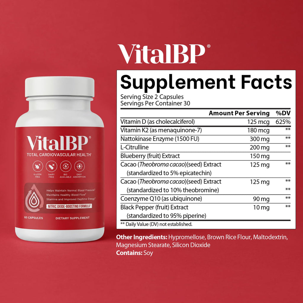 VitalBP Blood Pressure, Blood Flow & Artery Support, CoQ10, K2 & D3, 4 Pack | With L-citrulline to support normal blood pressure, blood flow & artery health.