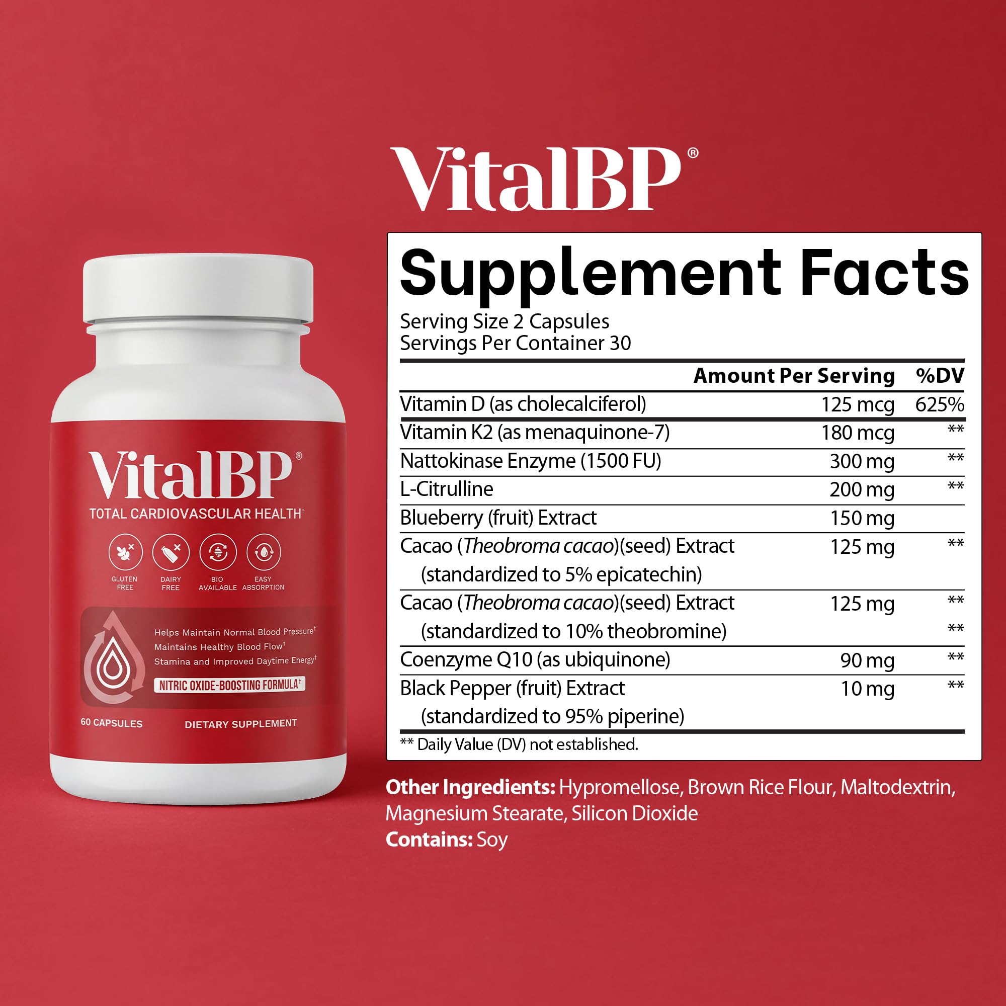 VitalBP Blood Pressure, Blood Flow & Artery Support, CoQ10, K2 & D3, 4 Pack | With L-citrulline to support normal blood pressure, blood flow & artery health.