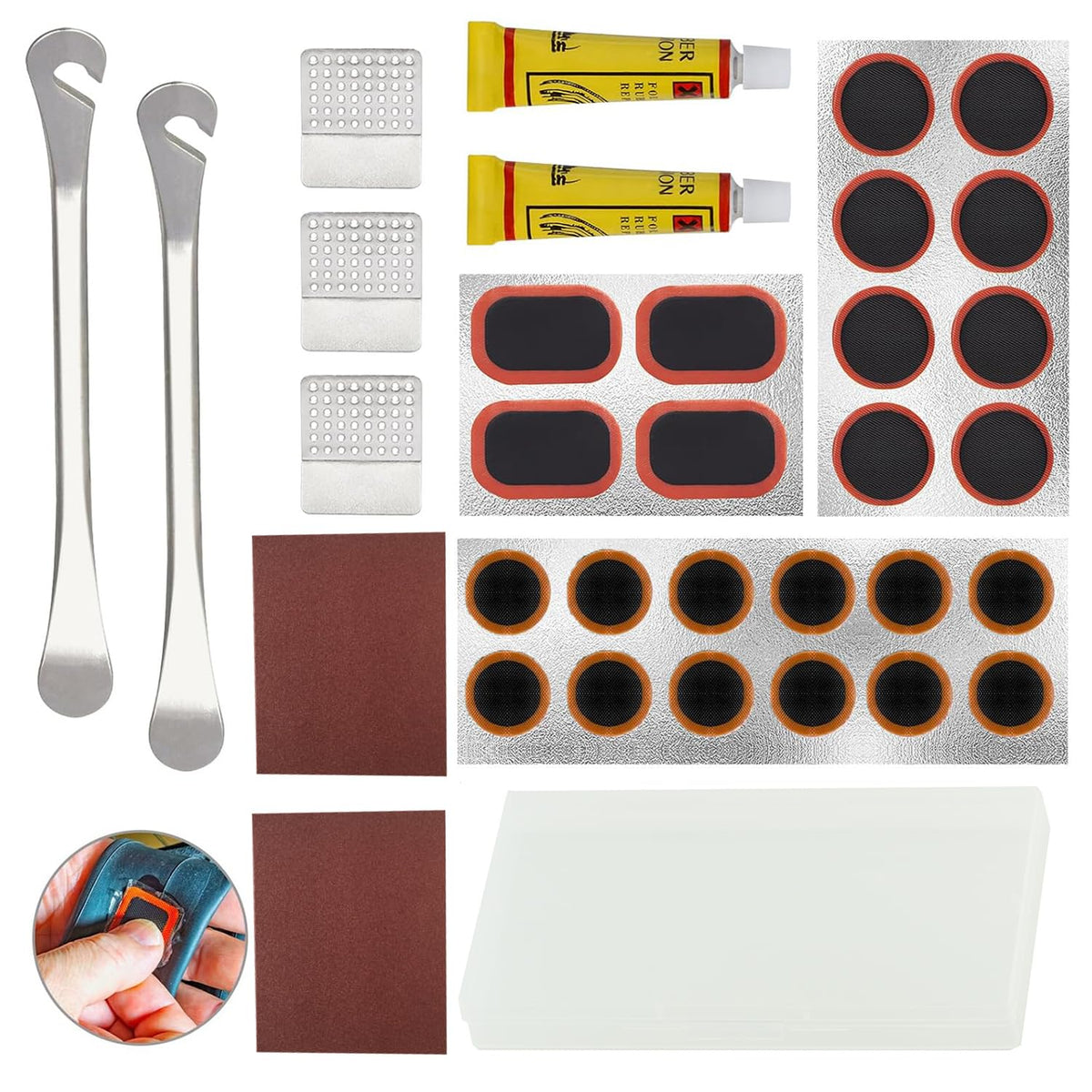 Bike Inner Tire Patch Repair Kit, with 24 PCS Vulcanizing Patches, Portable Storage Box, Metal Rasp and 2 Premium Metal Tire Levers - Also for Road Mountain Bicycle Travel