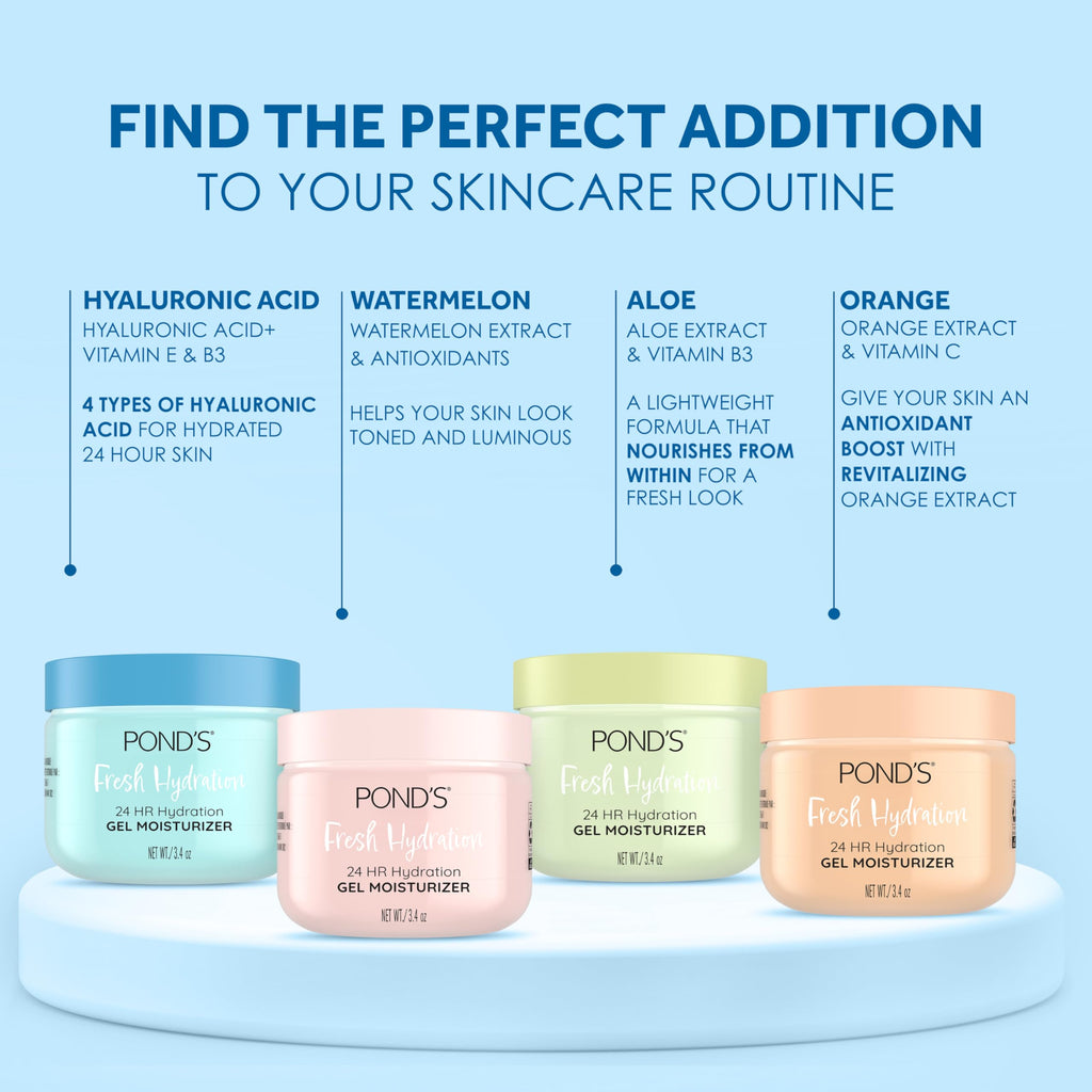 POND'S Fresh Hydration Gel Moisturizer – 24 HR Hydration with Vitamin E, Hyaluronic Acid & Vitamin B3 – Alcohol & Oil-Free Face Moisturizer – Dermatologist Tested, 3.4 oz, (Pack of 2)