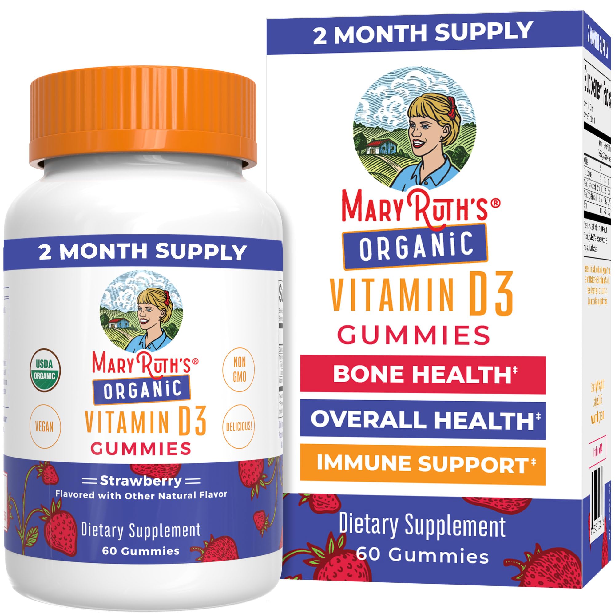 MARYRUTH'S Vitamin D3 Gummies, Adults & Kids Vitamin D, 60 Servings, Vegan | 2 Month Supply, Immune Support Supplement, 1000IU for Bone Health & Muscle Function, Vegan, Non-GMO, Gluten Free, 60 Count