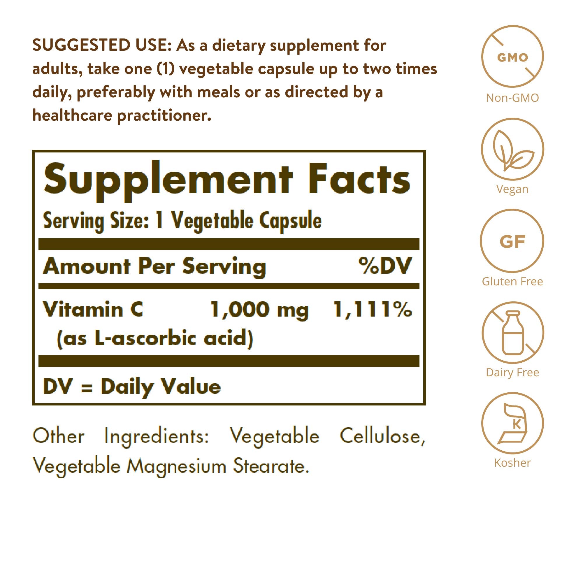 Solgar Vitamin C 1000 mg, 100 Vegetable Capsules Supplement | Antioxidant & Immune Support, Overall Health, Healthy Skin & Joints, Non-GMO, Vegan, Gluten Free, Kosher - 100 Servings