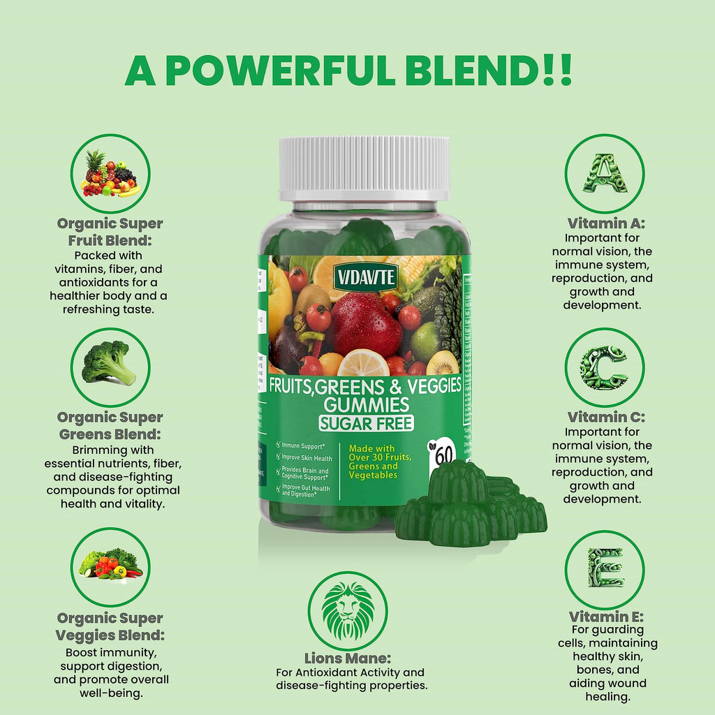 Sugar-Free Super Greens Gummies — Fruits and Veggies Supplement (30-Days) | US-Made, 35+ Greens, Veggie & Fruit Gummies to Boost Immunity, Skin & Gut Health - Ideal for Adults & Picky Teens(60 Gummies)