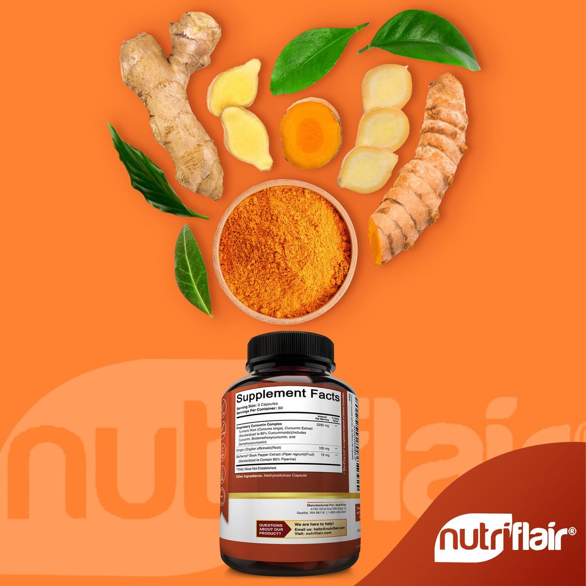 NutriFlair Turmeric Curcumin Supplement 2250mg, 180 Capsules - with Ginger & BioPerine Black Pepper - Standardized 95% Curcuminoids, Non-GMO, Vegan Joint Support, Antioxidant - High Absorption