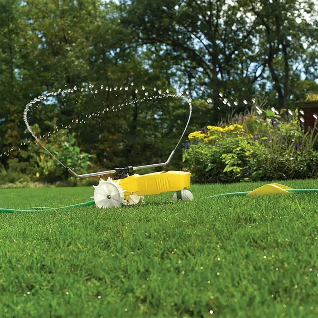 Nelson Rain Train 13,500 Square Feet Cast Iron Outdoor Lawn Traveling Water Sprinkler for Yard, and Garden, with Auto Shut Off, Yellow