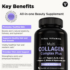 Vital Vitamins Multi Collagen Complex Plus Biotin, Hyaluronic Acid & VIT. C | Hair, Skin, & Nails Supplements for Women and Men, 5 Collagen Types I II III V & X, 150 Capsules