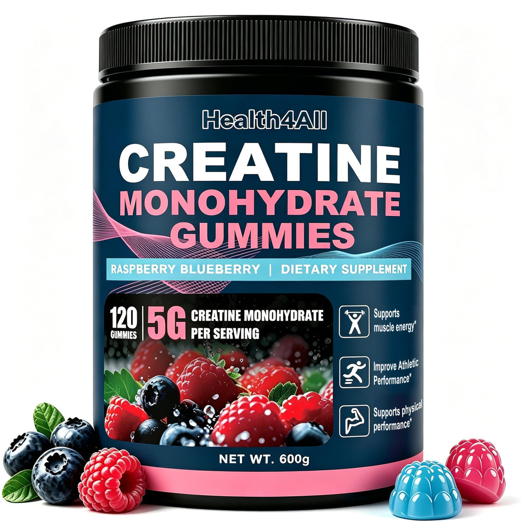 Health4All Creatine Monohydrate Gummies 5g for Men & Women, Creatine Gummy for Strength Energy & Muscle Growth Support Pre-Workout Supplement - Raspberry & Blueberry 120 Gummy