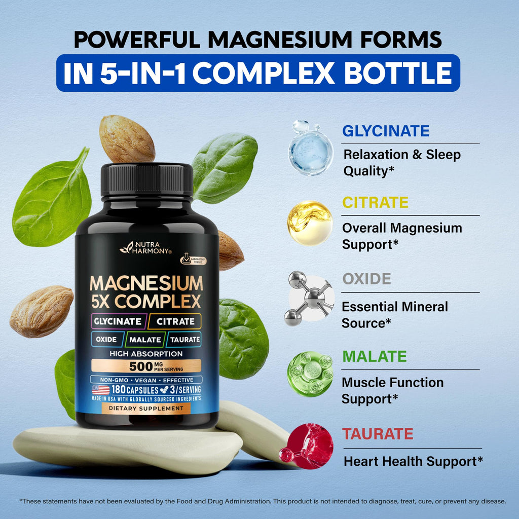 Magnesium Complex - Glycinate, Citrate, Malate, Taurate, Oxide - 180 Caps | 5-in-1 Magnesium Supplement 500 mg - for Women & Men - Stress, Muscle & Heart Support - Laboratory Tested - Vegan, Non-GMO