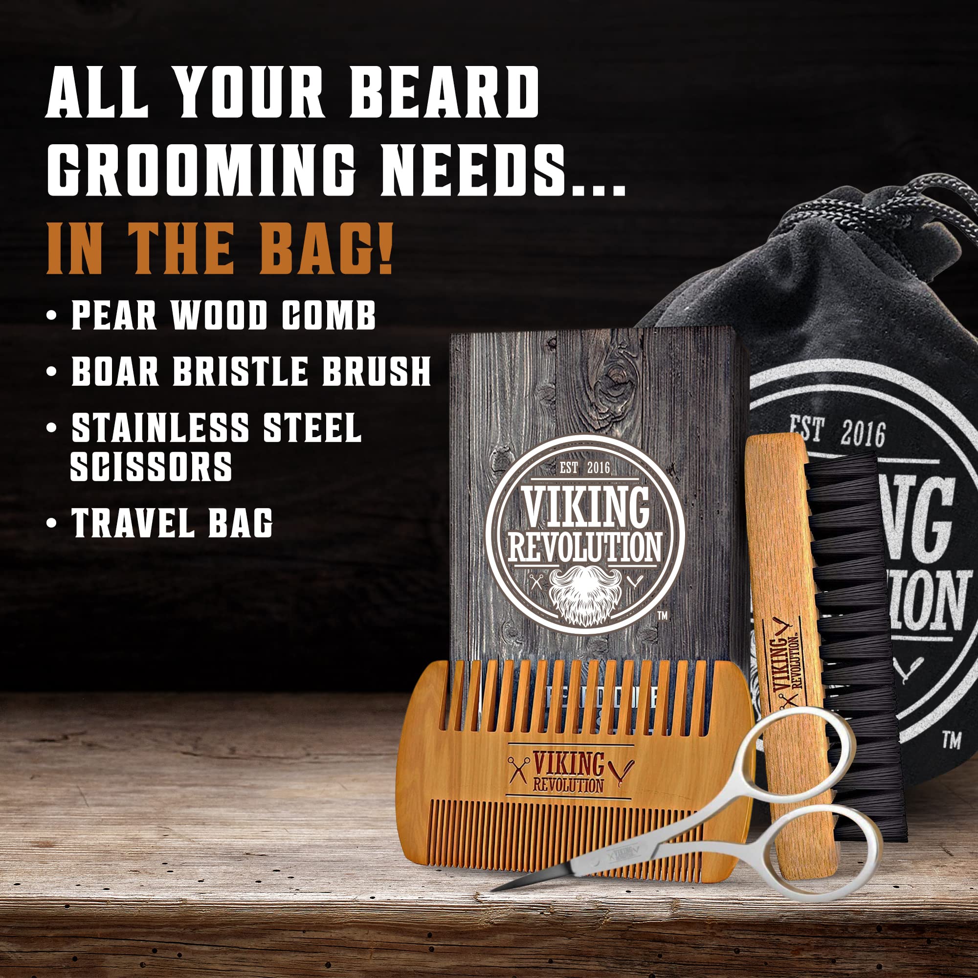 Viking Revolution Beard Comb and Beard Brush Set with Velvet Pouch | Includes Natural Boar Bristle Brush & Dual Action Pear Wood Comb - Velvet Travel Pouch Included - For Beards & Mustaches