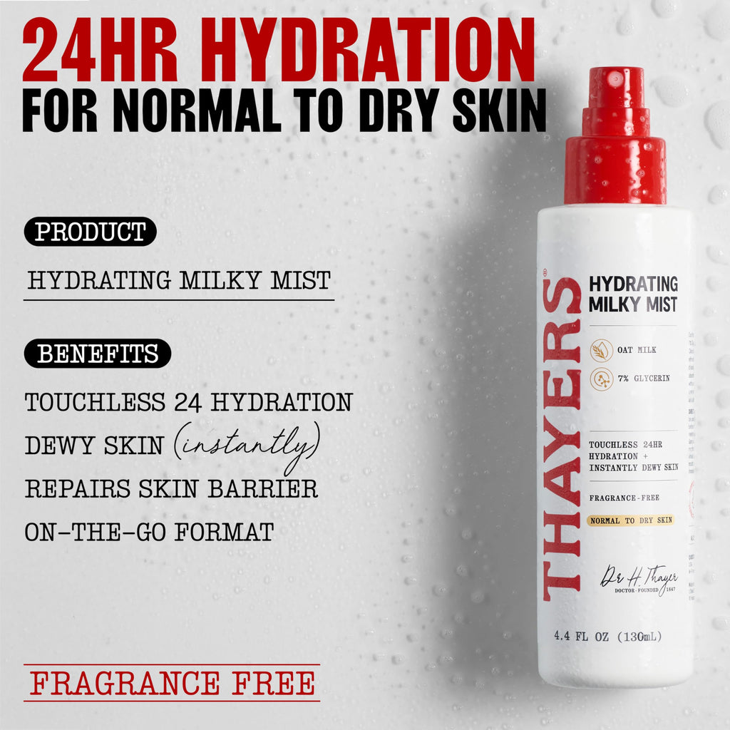 THAYERS Milky Mist with Oat Milk & 7% Glycerin, Facial Spray for Skin Barrier Repair & 24 Hour Hydration, Toner Spray Made for All Skin Types, Fragrance-Free, 4.4 fl oz