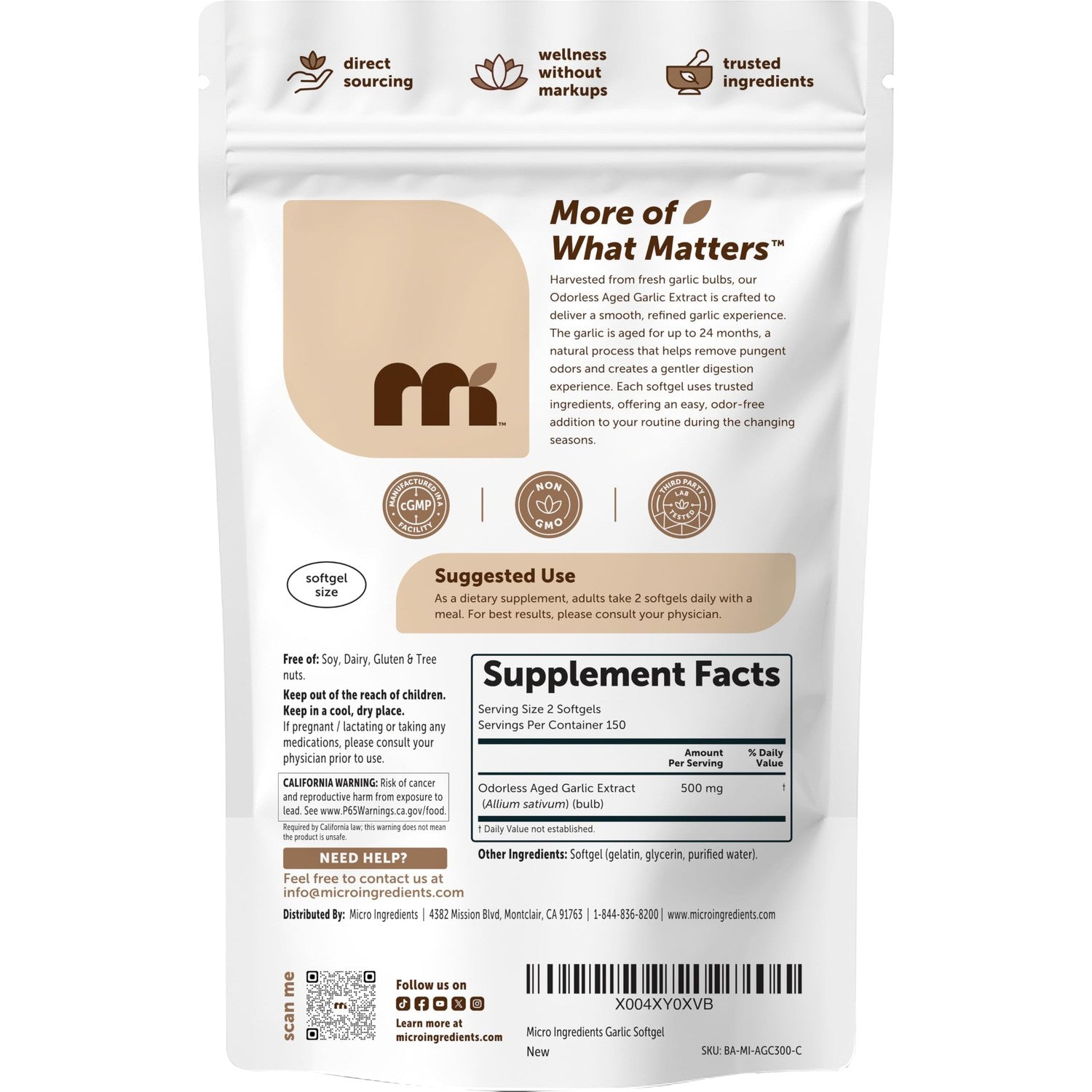 Micro Ingredients Odorless Garlic, 300 Softgels | 2 Years Aged Garlic Extract | Grown Allium Sativum Bulb | Natural Herbal Supplements | Non-GMO, Gluten Free