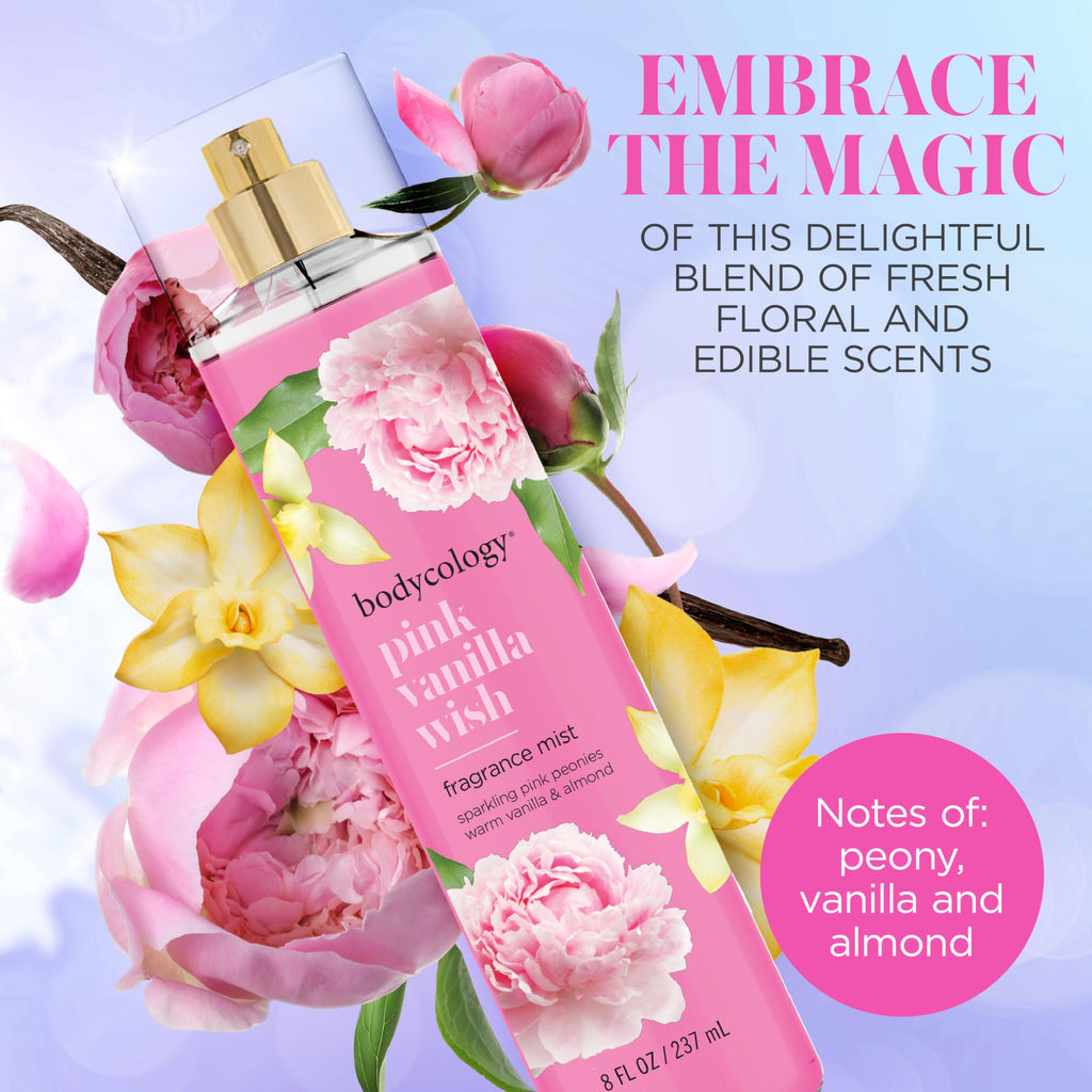 Bodycology Pink Vanilla Wish fragrance mist features peony, vanilla, and almond scents. 100% genuine, delightful floral blend.