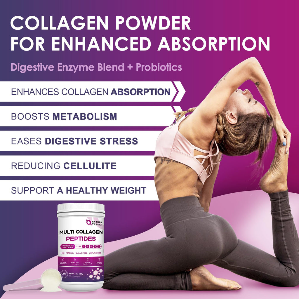 NATURE TARGET Multi Collagen Peptides Powder, 50 Servings | Type I, II, III, V, X, Hydrolyzed Collagen Peptides with Vitamin C, Hyaluronic Acid, Supports Skin Hair Nail & Joint, Non-GMO