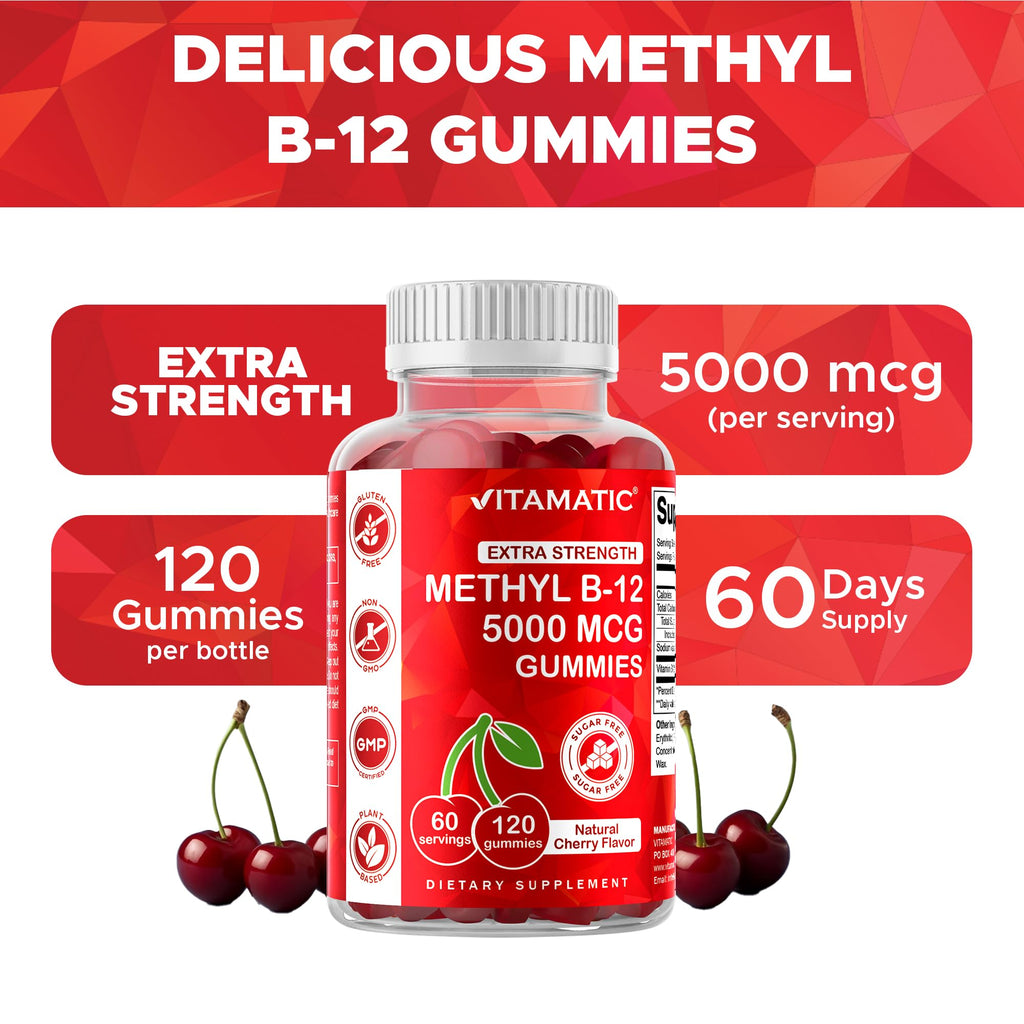 Vitamatic Methyl B12 5000 mcg, 120 Gummies, Natural Cherry Flavor | Extra Strength, Energy Metabolism Support and Nervous System Health Support*, Non-GMO, Gluten Free