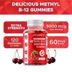 Vitamatic Methyl B12 5000 mcg, 120 Gummies, Natural Cherry Flavor | Extra Strength, Energy Metabolism Support and Nervous System Health Support*, Non-GMO, Gluten Free