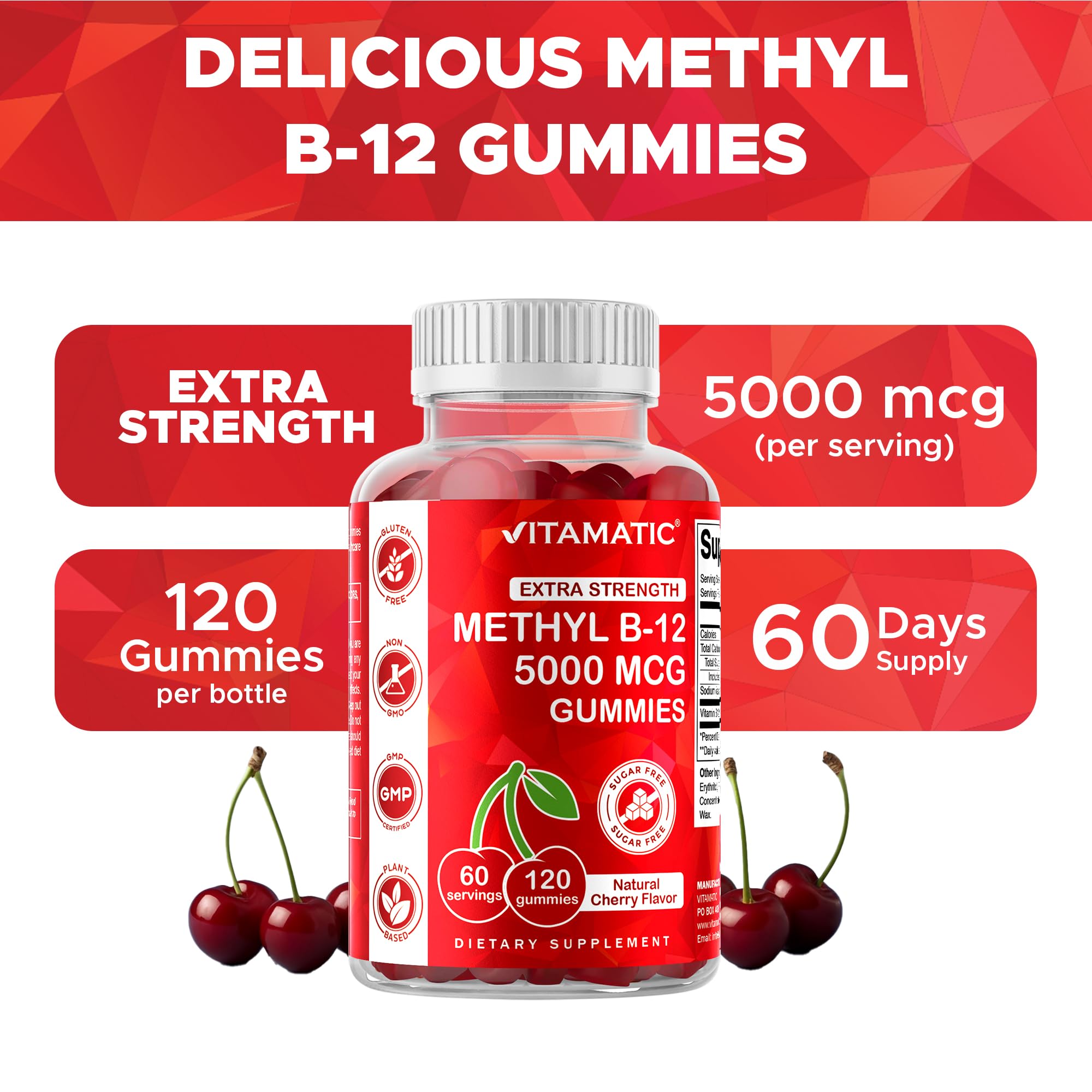Vitamatic Methyl B12 5000 mcg, 120 Gummies, Natural Cherry Flavor | Extra Strength, Energy Metabolism Support and Nervous System Health Support*, Non-GMO, Gluten Free