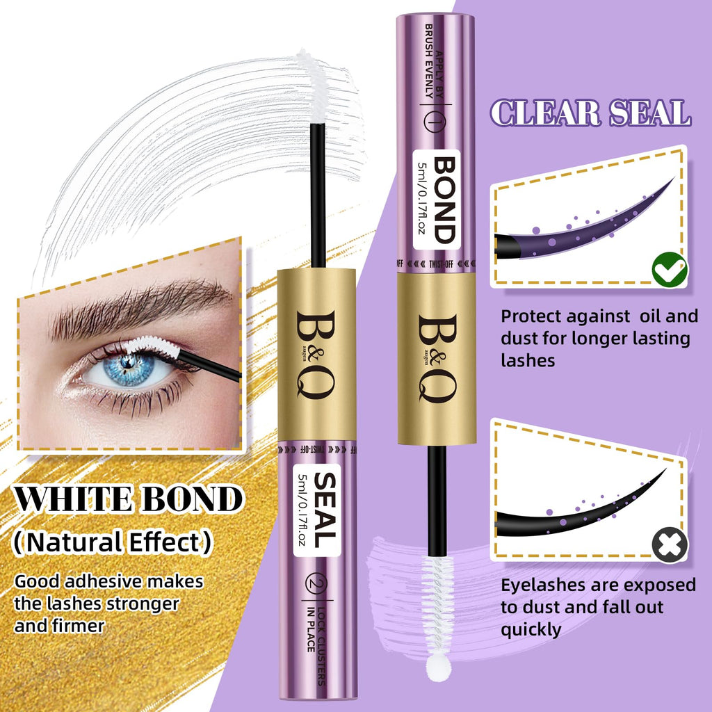 B&Q Lash Bond and Seal Waterproof,Lash Cluster Glue 10ML Strong Hold(White) | Sensitive Eyes Eyelash Glue for Clusters, DIY Lashs Glue Strong Hold, Long Lasting 3-7days Home Use, For Cluster/ Individual