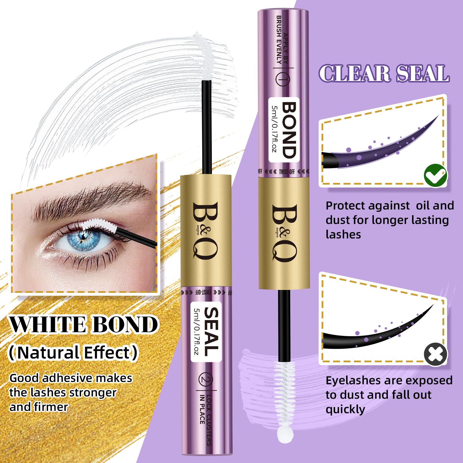 B&Q Lash Bond and Seal Waterproof,Lash Cluster Glue 10ML Strong Hold(White) | Sensitive Eyes Eyelash Glue for Clusters, DIY Lashs Glue Strong Hold, Long Lasting 3-7days Home Use, For Cluster/ Individual
