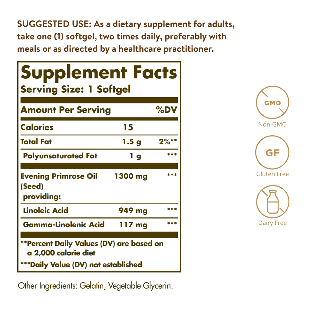 Solgar Evening Primrose Oil 1300 mg, 60 Softgels - Supports Skin Health | Hormone Balance, Non-GMO, Gluten Free - 60 Servings