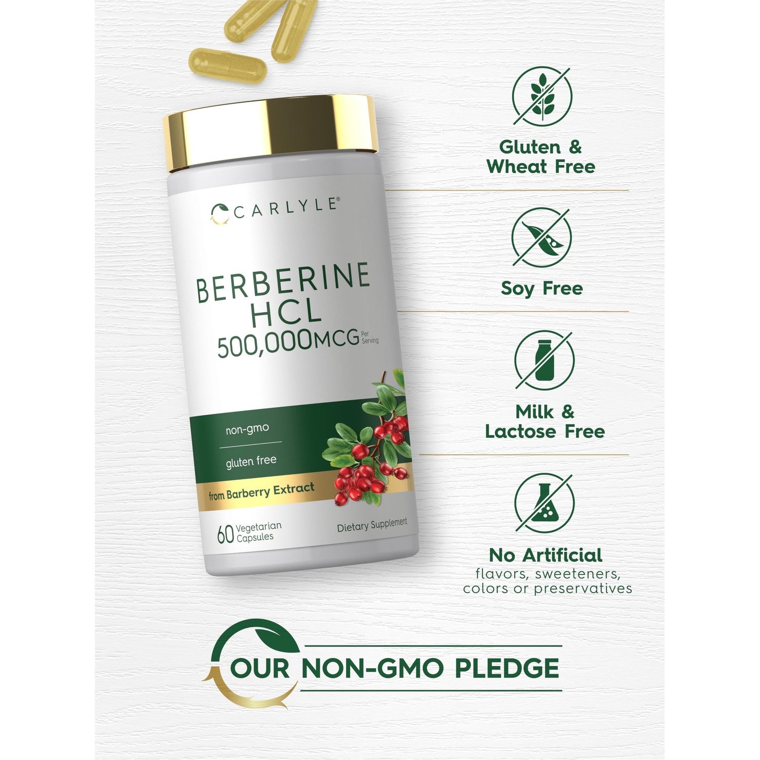 Carlyle Berberine HCL Supplement | 500,000mcg | 60 Capsules | Vegetarian, Non-GMO, Gluten Free