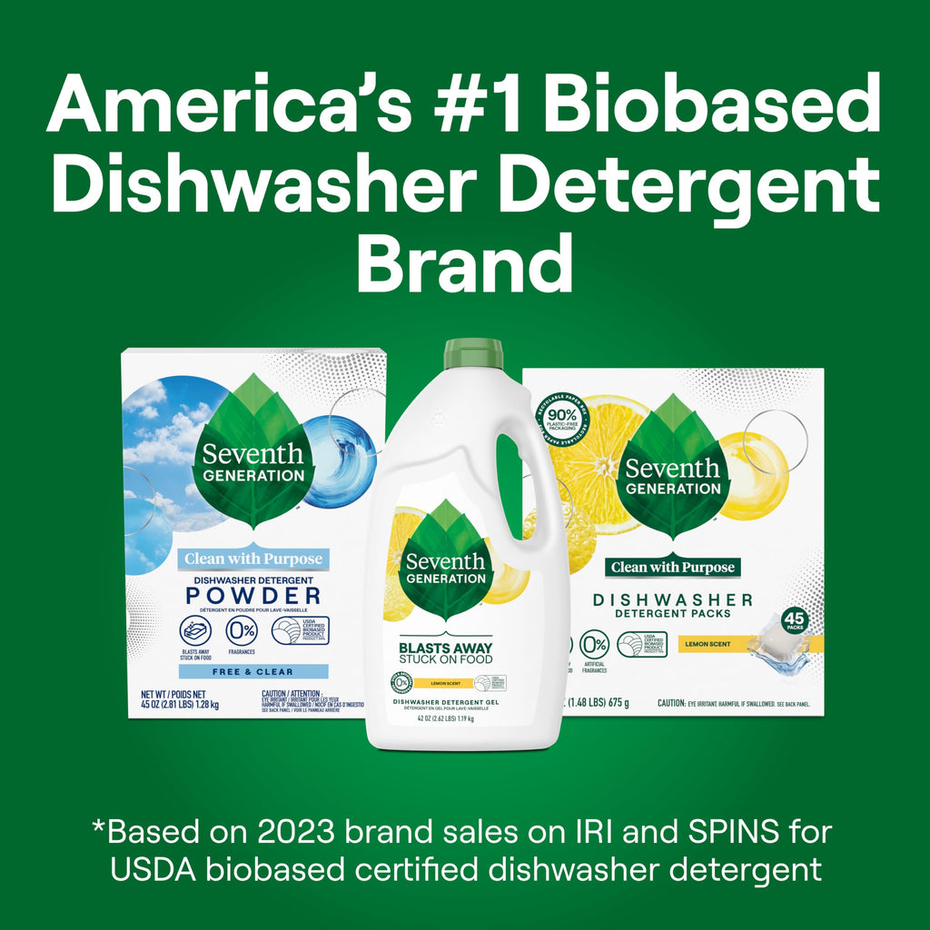Seventh Generation Dishwasher Detergent Liquid Gel, Powers Away Stuck-On Food, Lemon Scent, 42 Oz