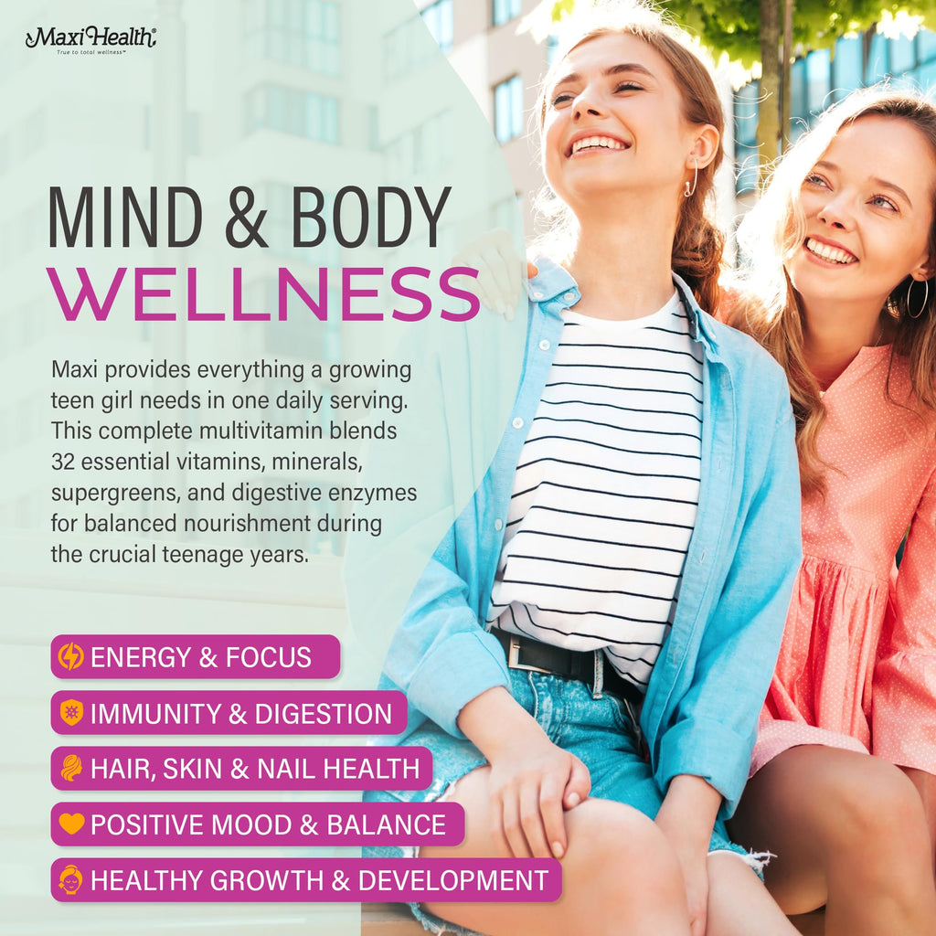 Maxi Health® Teen Vitamins for Girls 12-17, Teen Multivitamin (60 Count) | D3, Iron, Calcium, Biotin & Zinc | Skin, Immune & Mood Support | Kosher | Non-GMO | Doctor Formulated