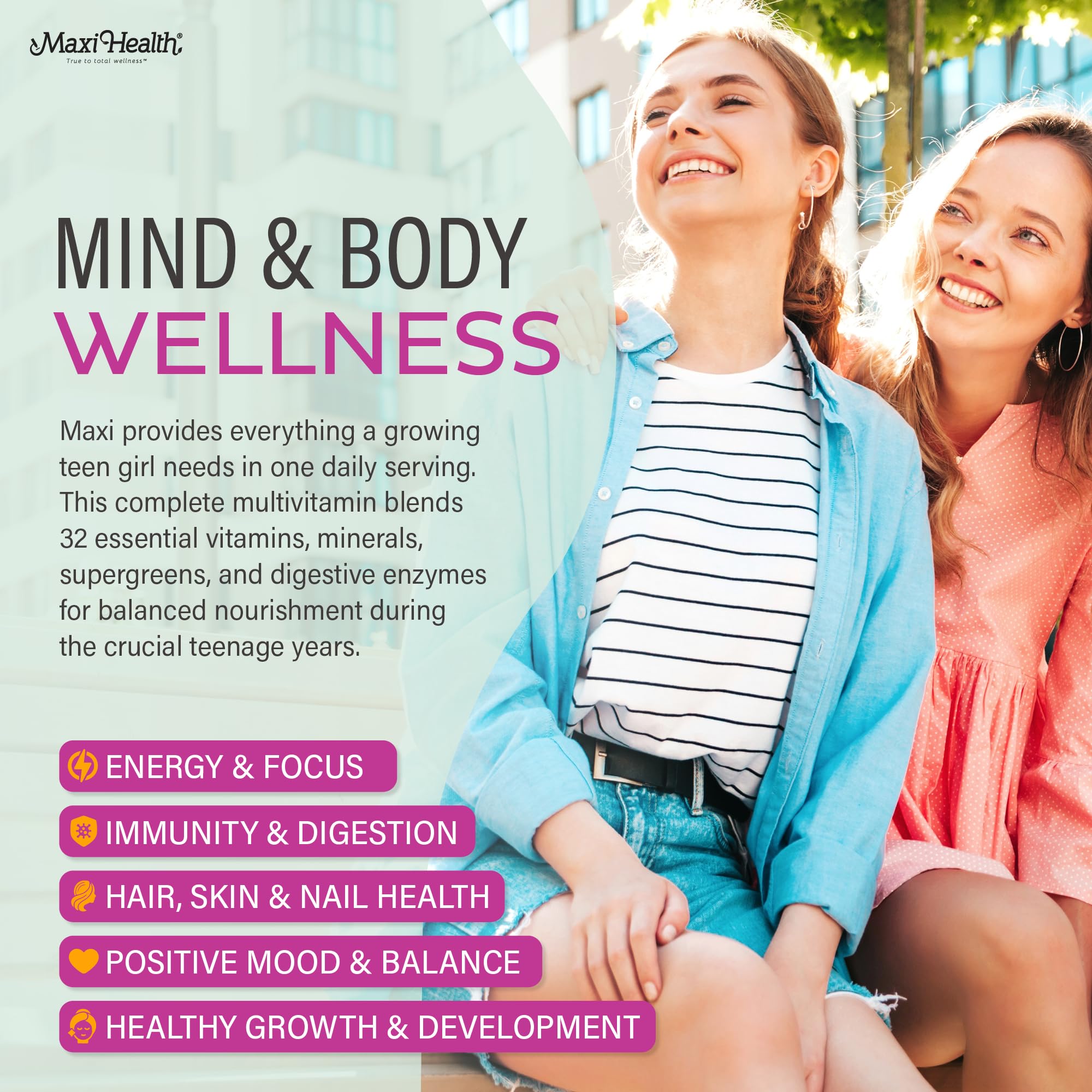 Maxi Health® Teen Vitamins for Girls 12-17, Teen Multivitamin (60 Count) | D3, Iron, Calcium, Biotin & Zinc | Skin, Immune & Mood Support | Kosher | Non-GMO | Doctor Formulated
