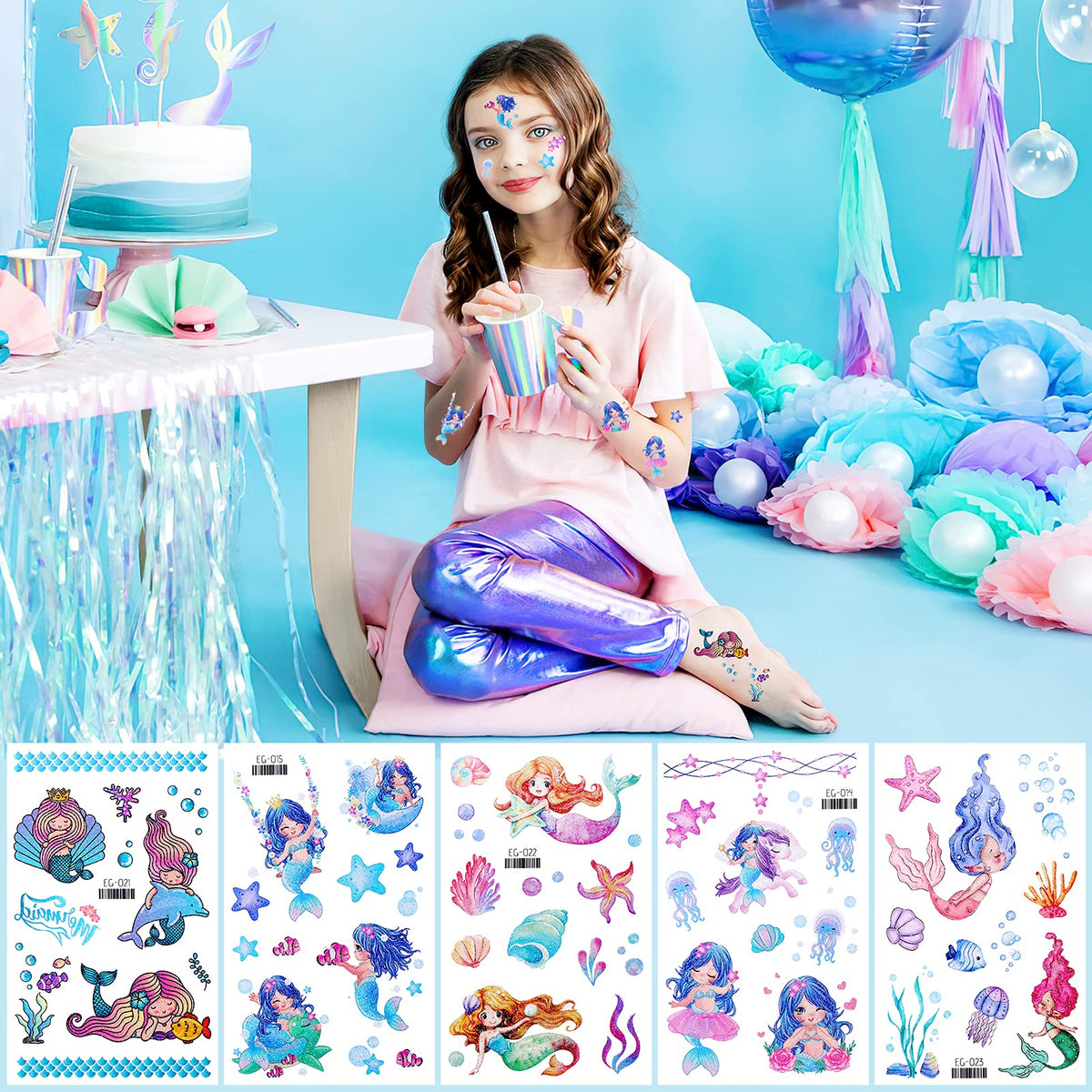 Konsait Glitter Temporary Tattoos for Kids, 24 Sheets Butterfly Mermaid Fairy Flowers Tattoo Stickers, Waterproof Fake Tattoos for Birthday Favors, Goodie Bags Stuffers & Party Accesorries