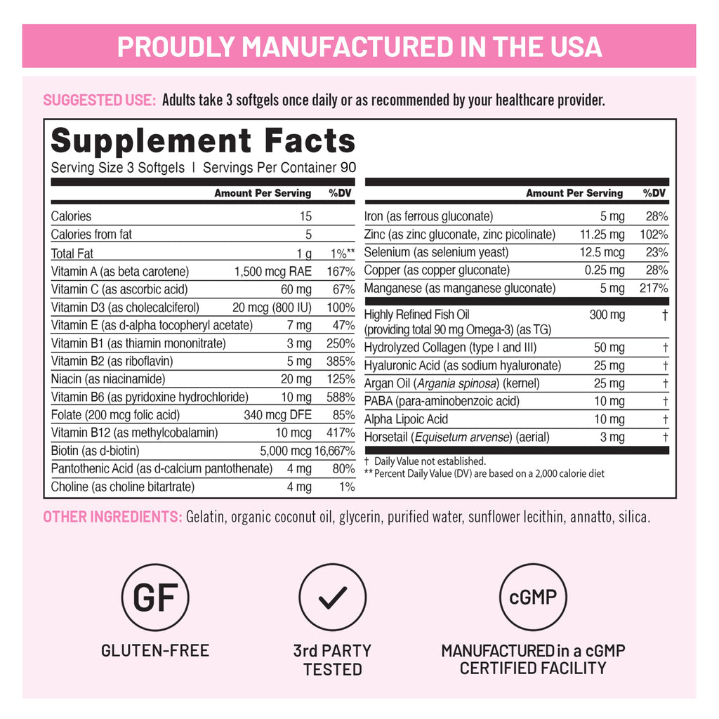 NatureWise Hair Skin and Nails Vitamin, Biotin 5000mcg w/Hyaluronic Acid, Collagen for Women with C, B Complex, D3, A, E, Iron - Non-GMO, Gluten Free - 270 Softgels[3-Month Supply]