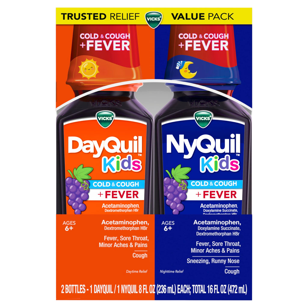 Buy now VICKS DayQuil and NyQuil Kids Grape Cold & Cough + Fever Multi-Symptom Relief Liquid Co-Pack, Specially Formulated for Kids Ages 6+, 2x8 OZ at indiglob india