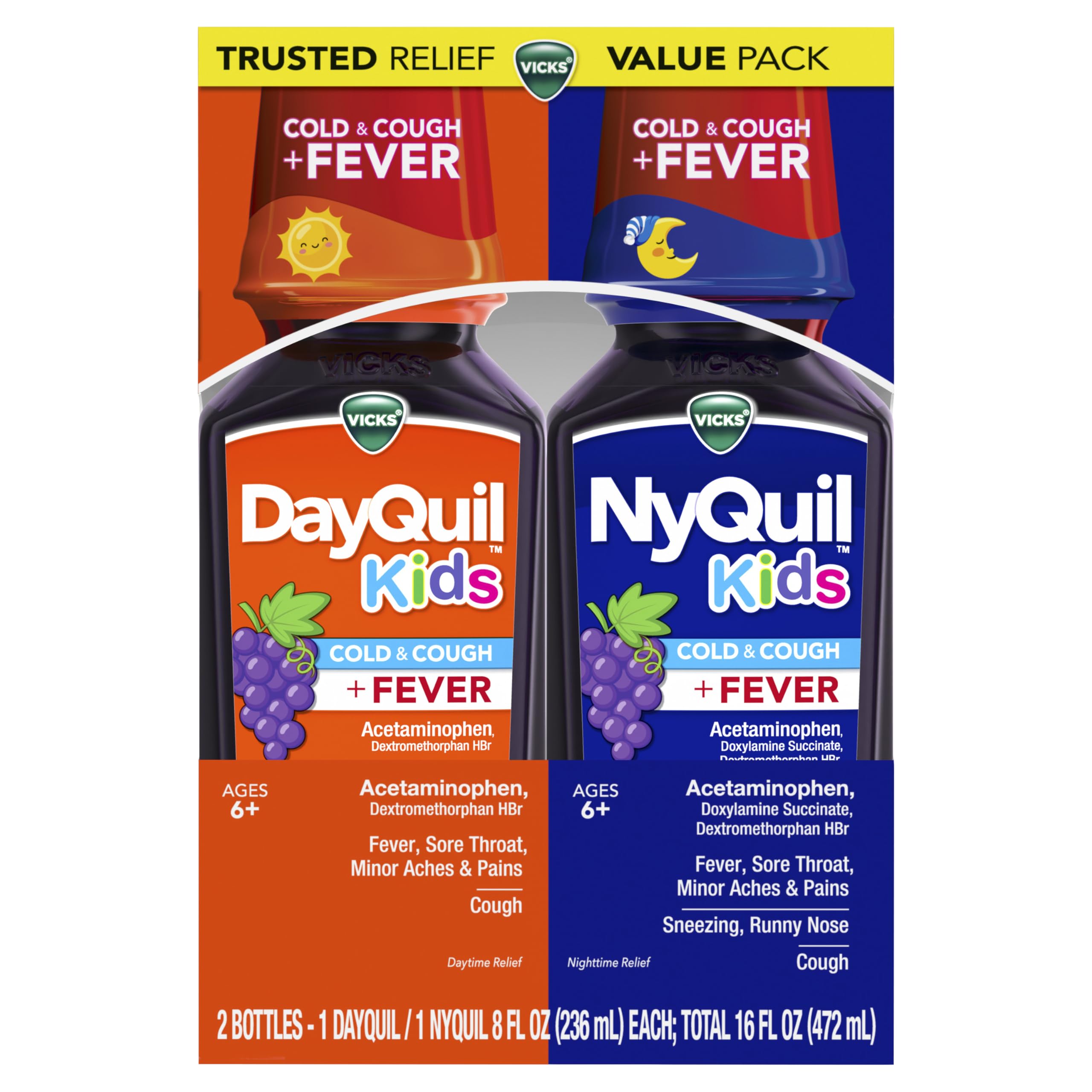 Buy now VICKS DayQuil and NyQuil Kids Grape Cold & Cough + Fever Multi-Symptom Relief Liquid Co-Pack, Specially Formulated for Kids Ages 6+, 2x8 OZ at indiglob india
