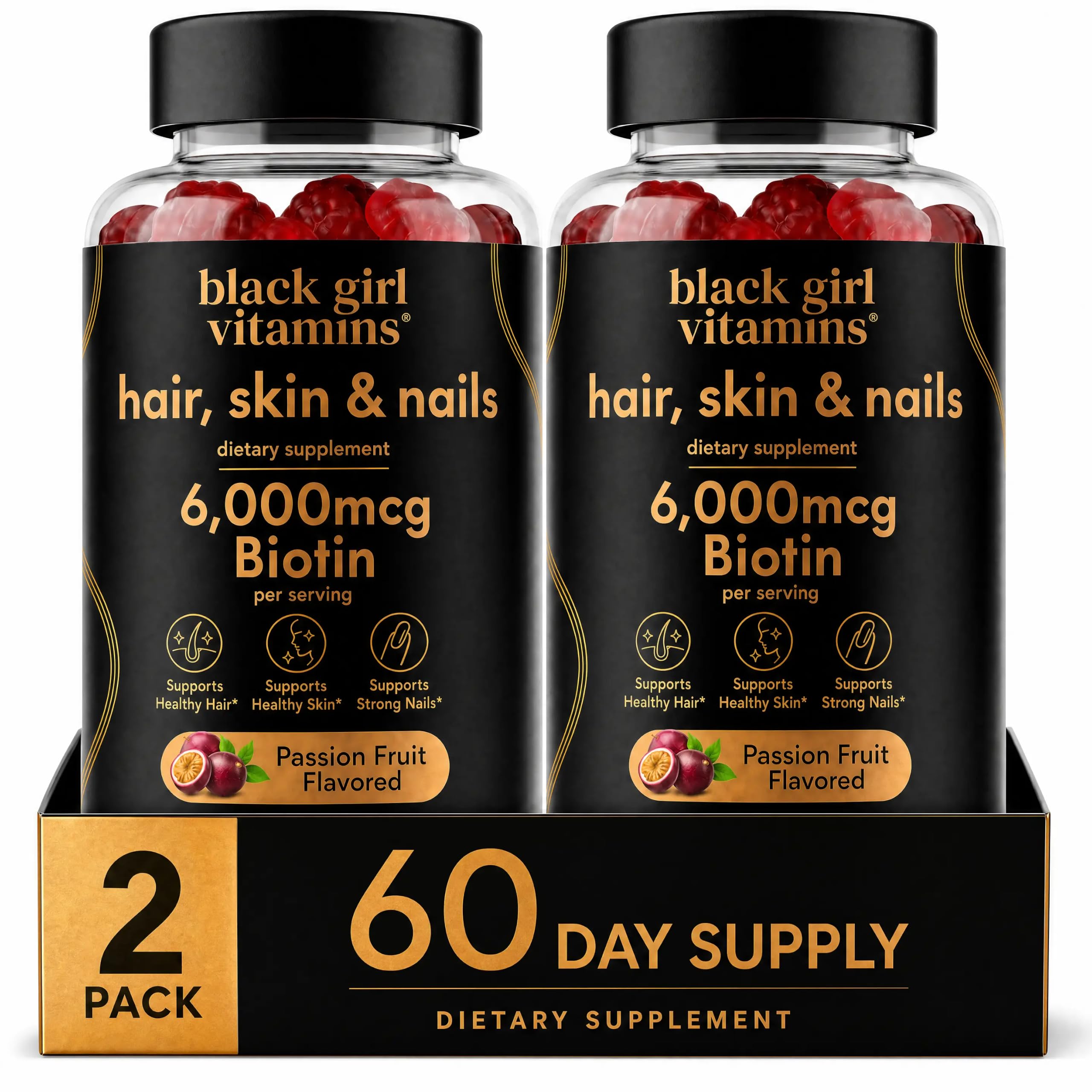 Black Girl Vitamins - Hair, Skin, and Nails Gummies with Biotin (6000 mcg), Zinc, Gelatin Free, Vitamin A, and Vitamin E - Gluten-Free. Made in The USA (Passion Fruit, 60 Count) 30 Day Supply