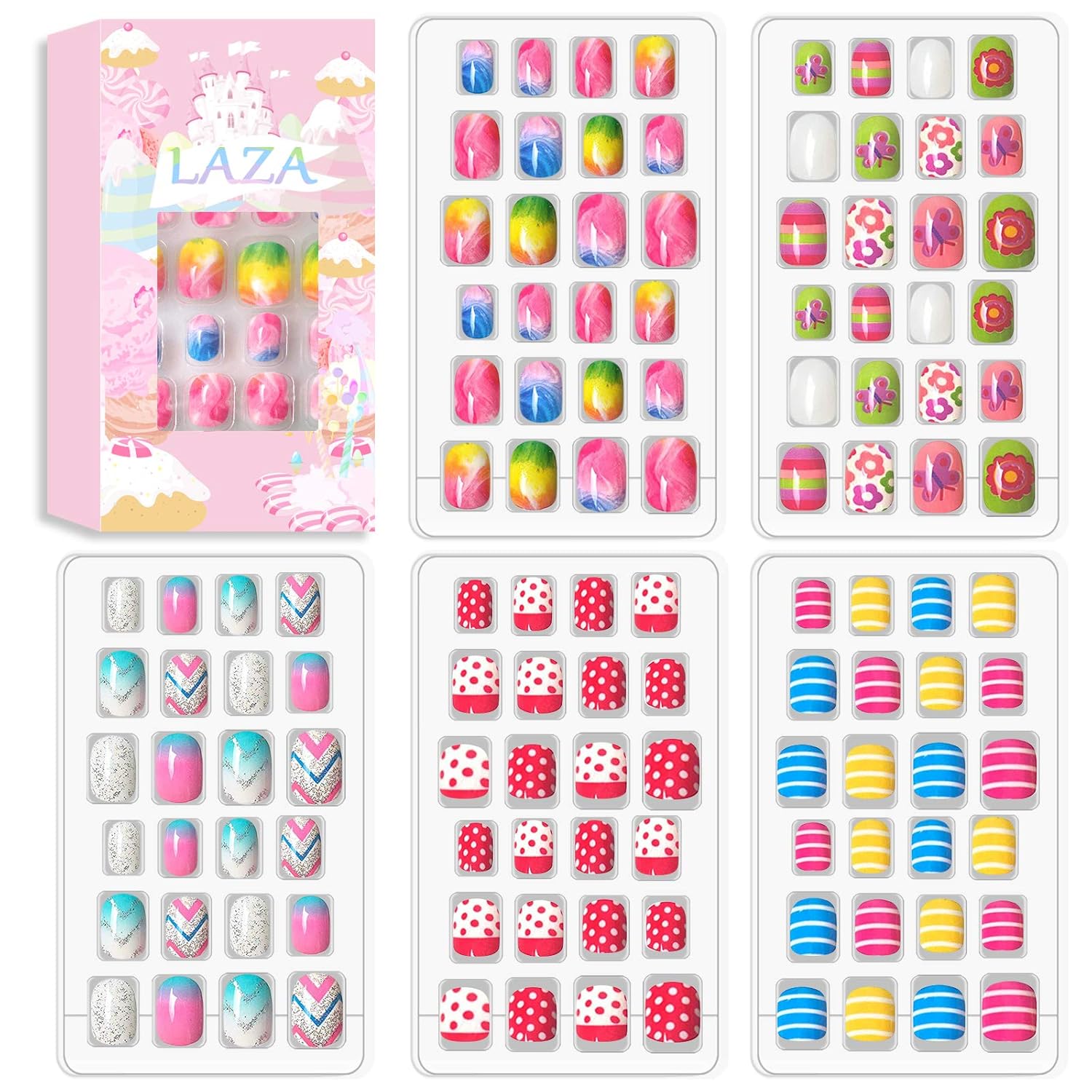Buy now Laza 120pcs Children Nails Press On Pre-glue Full Cover Nail Tips Kit Glitter Gradient Color Rainbow Short Artificial False Nail Kits Lovely Christmas Gift for Children Kids Girls - Silver Pearl Song of Summer at indiglob india