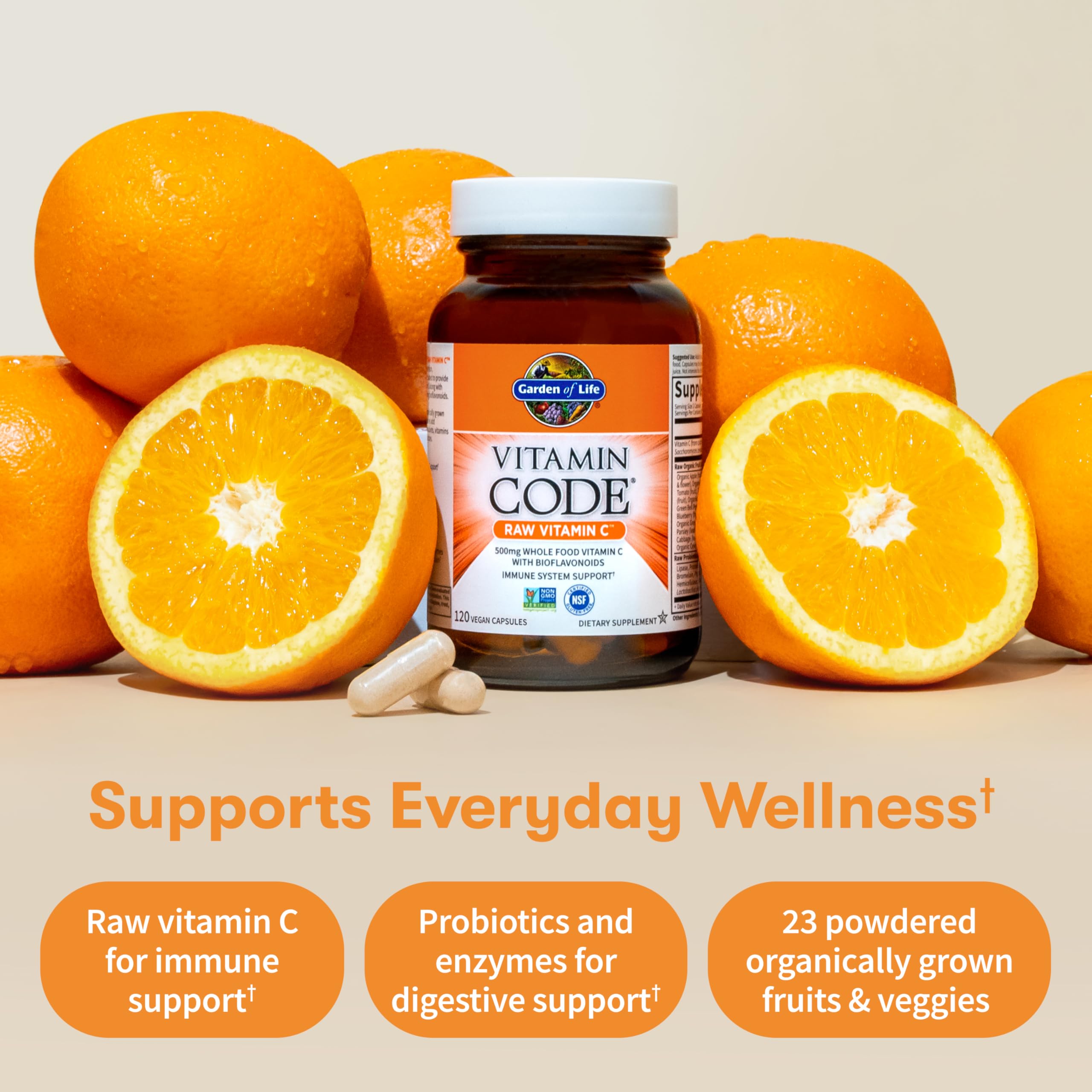 Garden of Life Vitamin Code Raw Vitamin-C, 500mg Whole Food VIT-C Capsules + Fruit & Veggie Blend & Probiotics, Supplements for Adults, Vegan, Gluten Free, 120 Capsules, (Pack of 6)