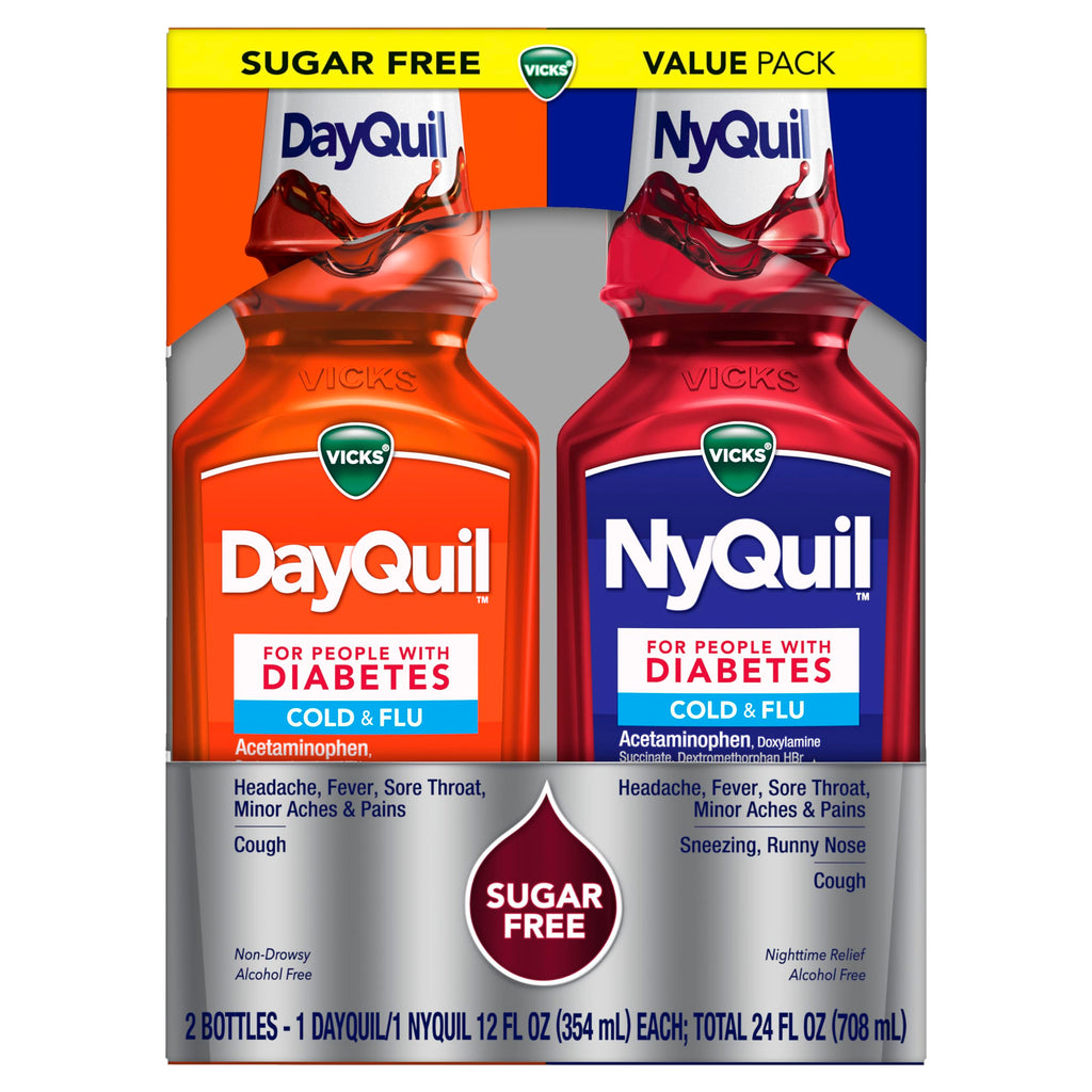 Buy now VICKS DayQuil & NyQuil Diabetes Cold & Flu Relief Medicine Co-Pack, Powerful Multi-Symptom Daytime & Nighttime Relief for Cold, Cough, and Flu Symptoms, Sugar & Alcohol Free, 2 x 12 FL OZ Bottles at indiglob india