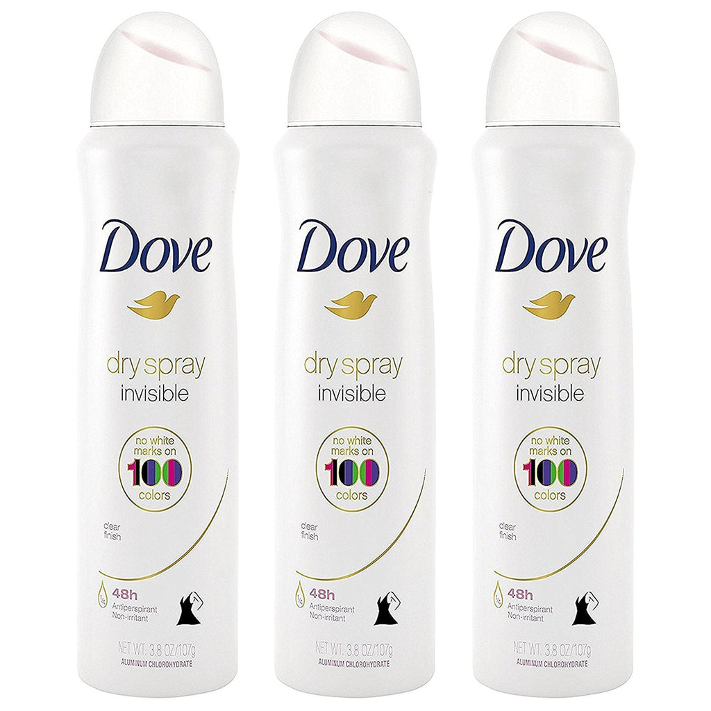 Dove Antiperspirant Dry Spray - Invisible - Clear Finish - 3.8 OZ (107 g) Per Can - Pack of 3 Cans