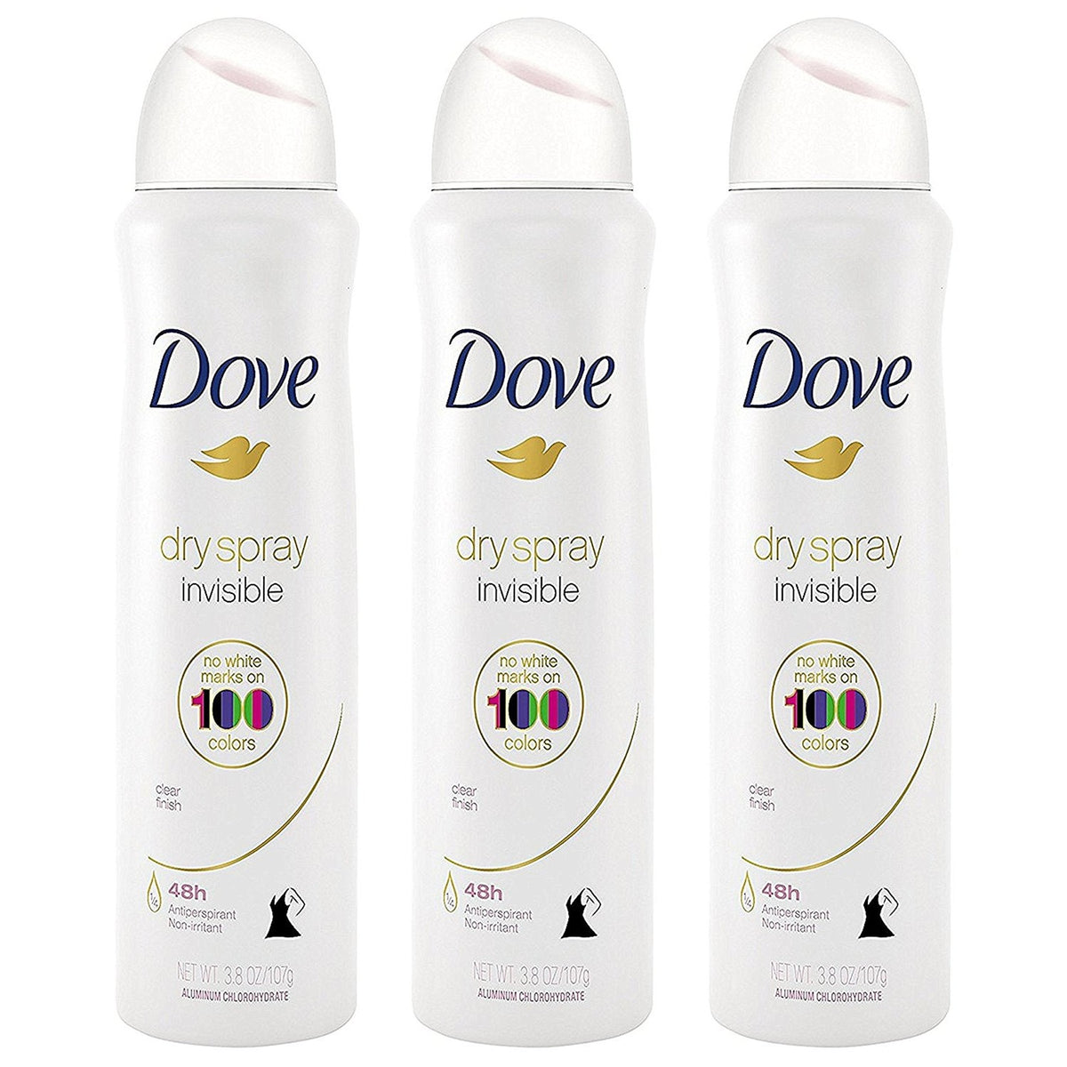 Dove Antiperspirant Dry Spray - Invisible - Clear Finish - 3.8 OZ (107 g) Per Can - Pack of 3 Cans