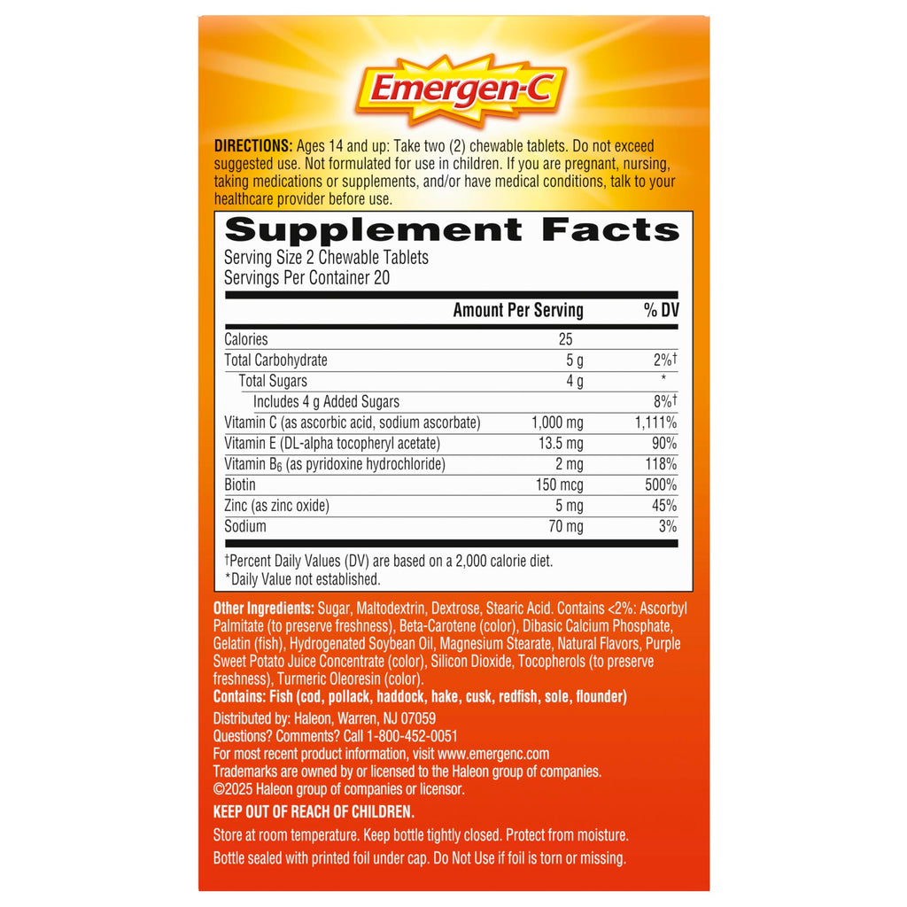 Emergen-C Vitamin C 1000mg Immune Support Chewables, Orange, 40 Tablets | Chewable Tablets, B Vitamins, Zinc and Manganese, No Water Needed, More Vitamin C than 10 Oranges