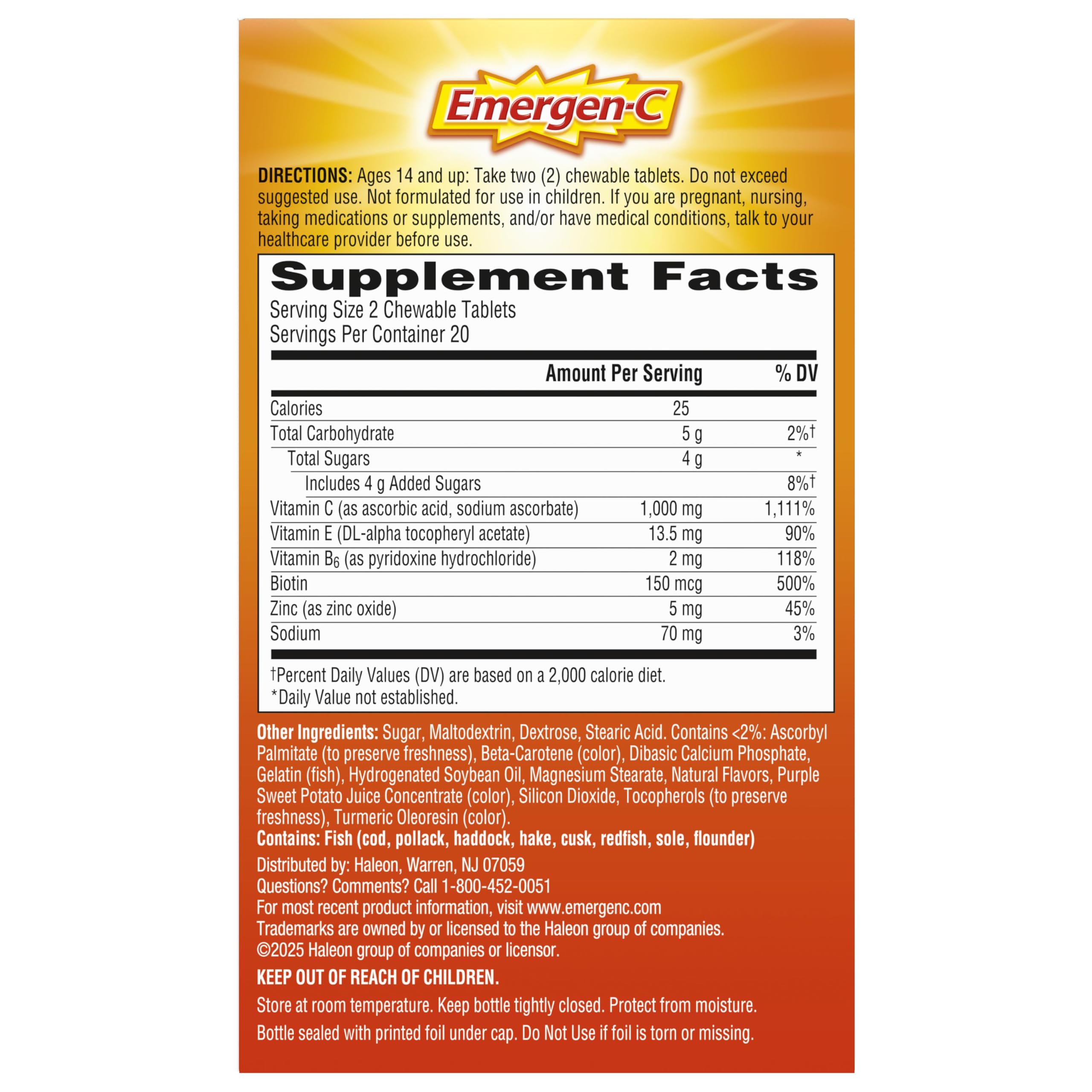 Emergen-C Vitamin C 1000mg Immune Support Chewables, Orange, 40 Tablets | Chewable Tablets, B Vitamins, Zinc and Manganese, No Water Needed, More Vitamin C than 10 Oranges