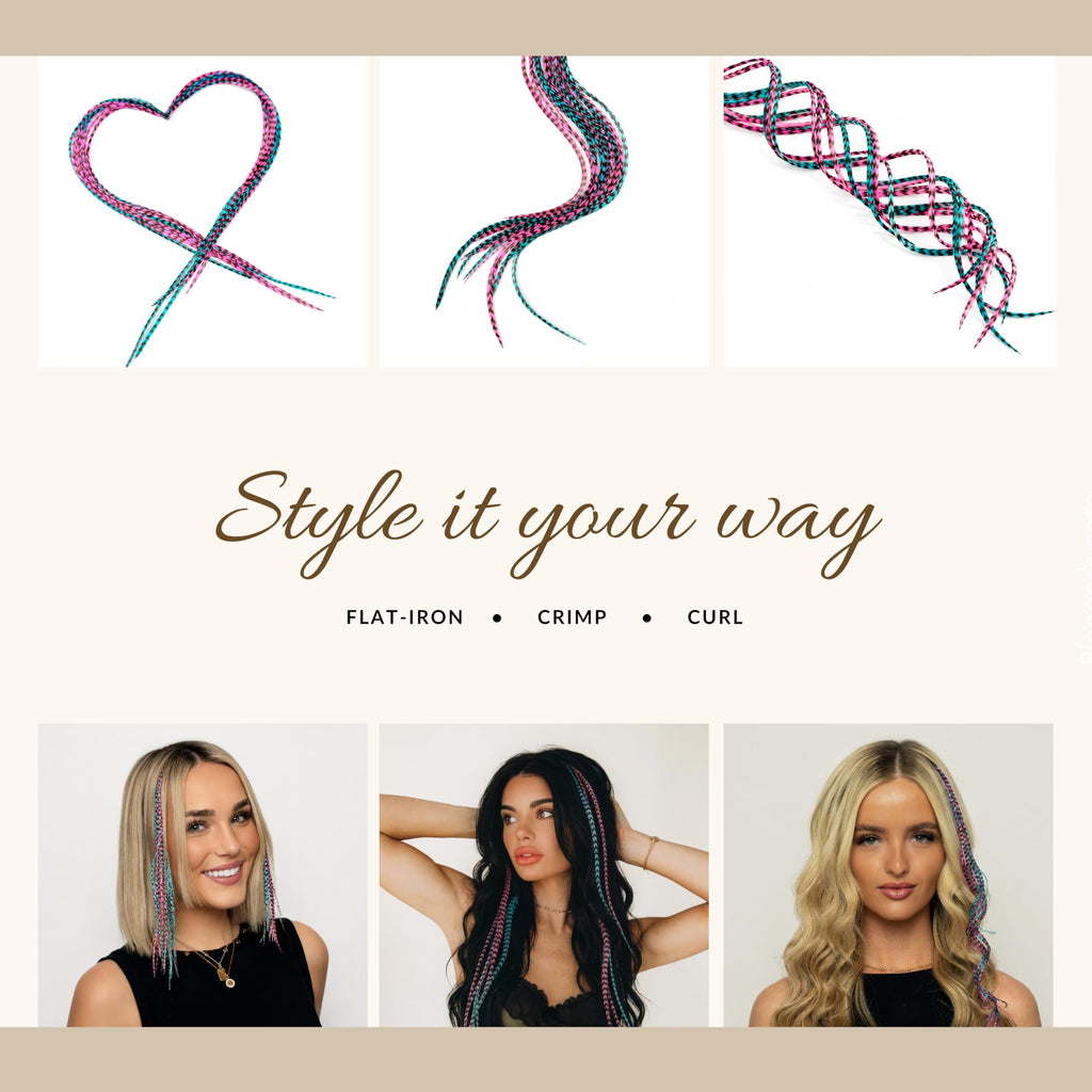 Authentic 21 natural color hair extensions, 9''–14'', styled in various ways. Perfect for crimping, curling, or straightening.