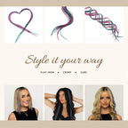 Authentic 21 natural color hair extensions, 9''–14'', styled in various ways. Perfect for crimping, curling, or straightening.