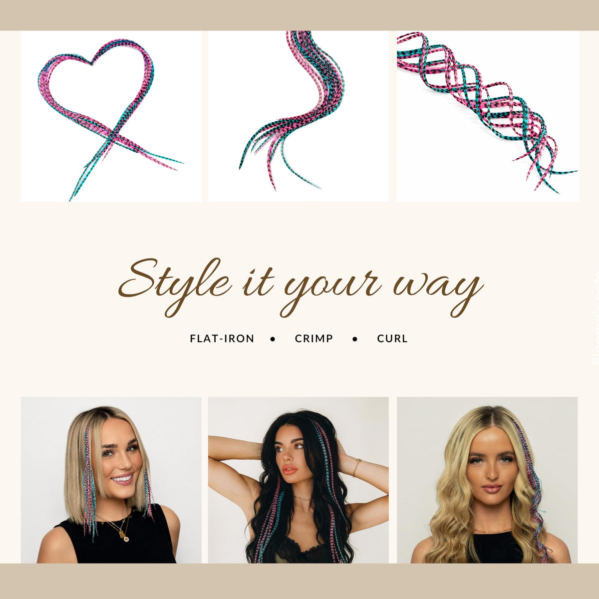 Authentic 21 natural color hair extensions, 9''–14'', styled in various ways. Perfect for crimping, curling, or straightening.