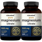 NatureBell Pure Magnesium Citrate 500mg per 3 Capsules Serving Size, 240 Capsules per Bottle | High-Purity Elemental Form | Non-GMO, Gluten-Free