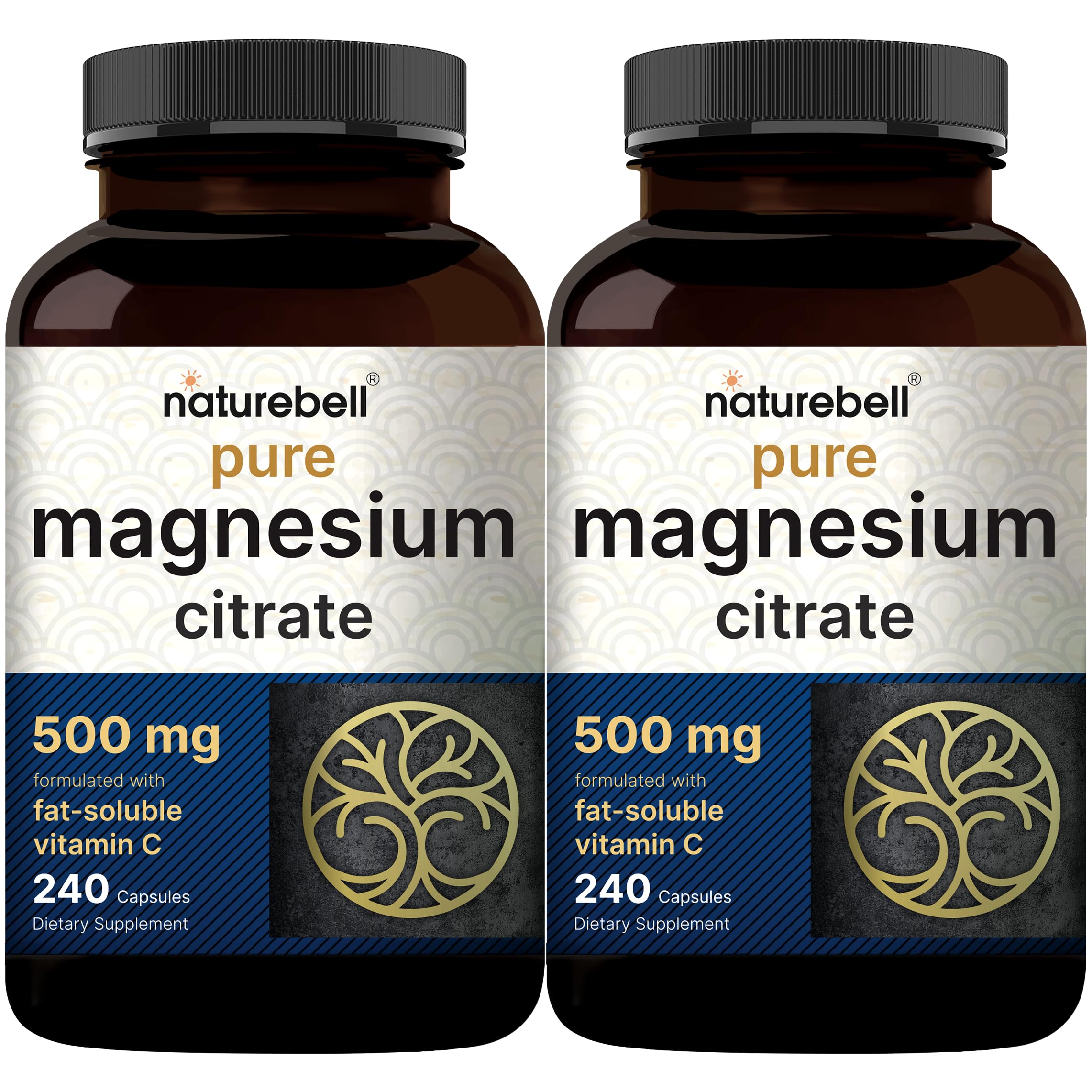 NatureBell Pure Magnesium Citrate 500mg per 3 Capsules Serving Size, 240 Capsules per Bottle | High-Purity Elemental Form | Non-GMO, Gluten-Free