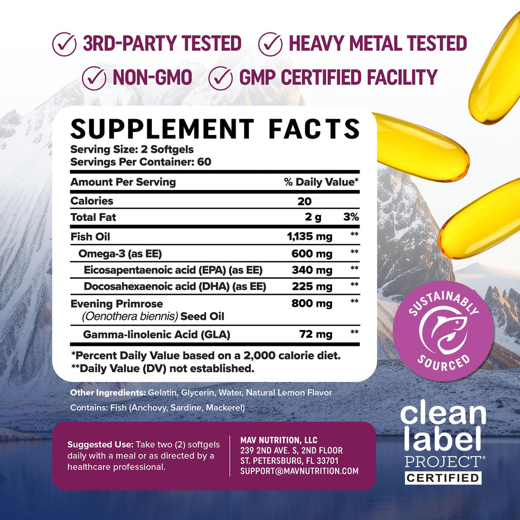Fish Oil Omega 3 Supplements for Women, DHA + EPA, Heart Health Support | Hormone Balance & Skin Health Support, 600MG Omega3 + 800MG Evening Primrose Oil, Omega 3 Supplement for Women, 120 Softgels